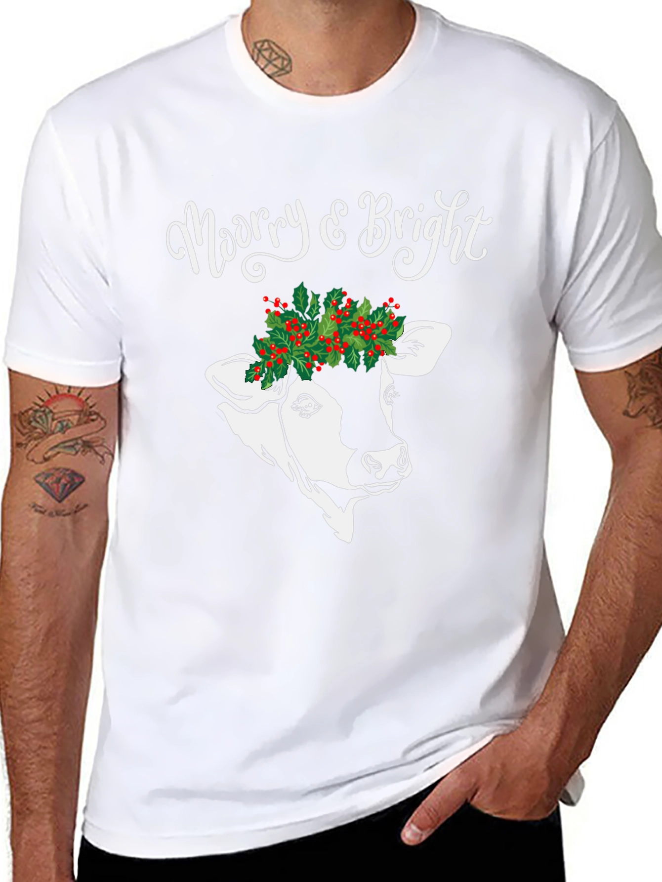 Merry & Bright Cow Christmas Graphic Tee