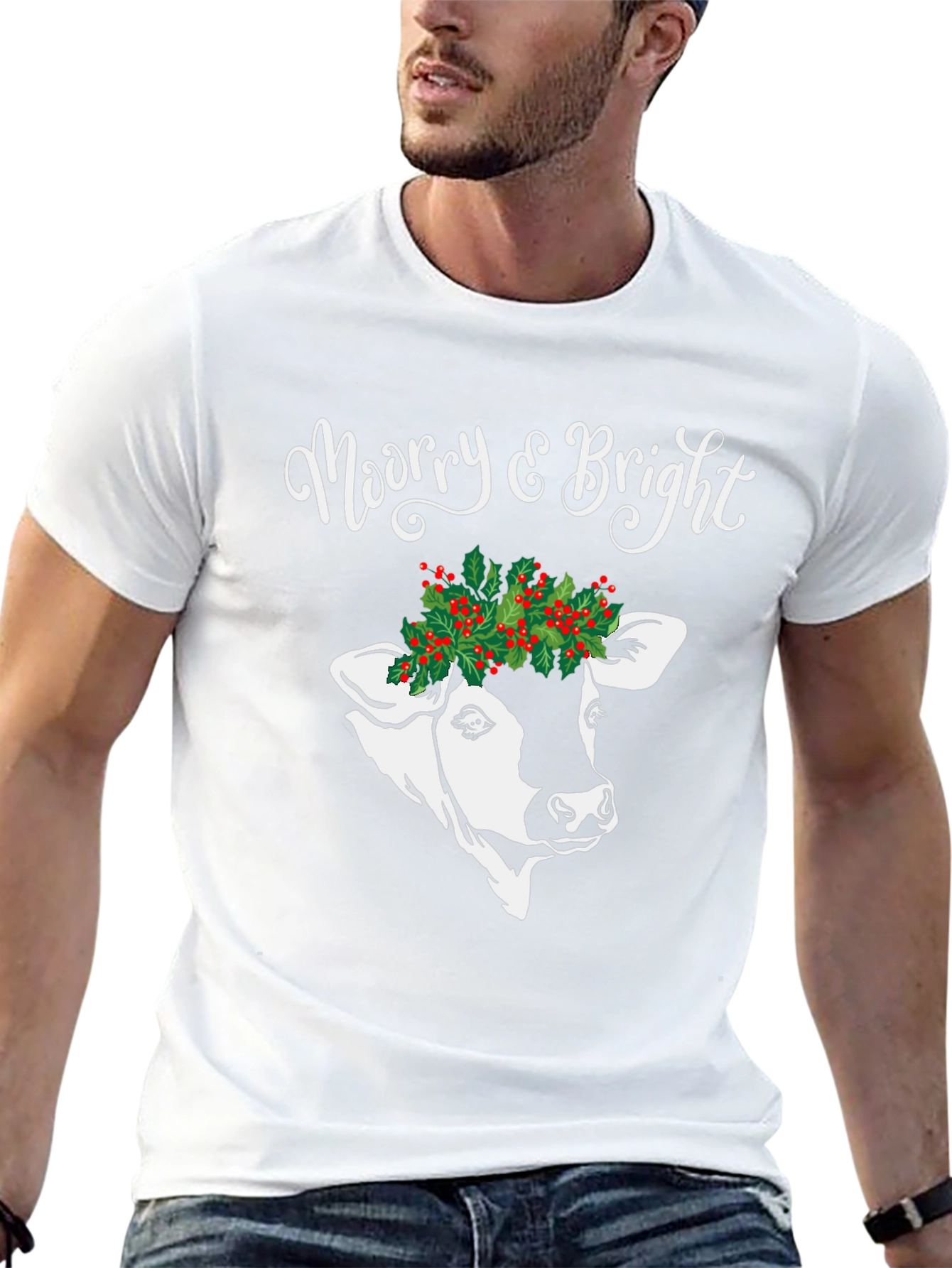 Merry & Bright Cow Christmas Graphic Tee