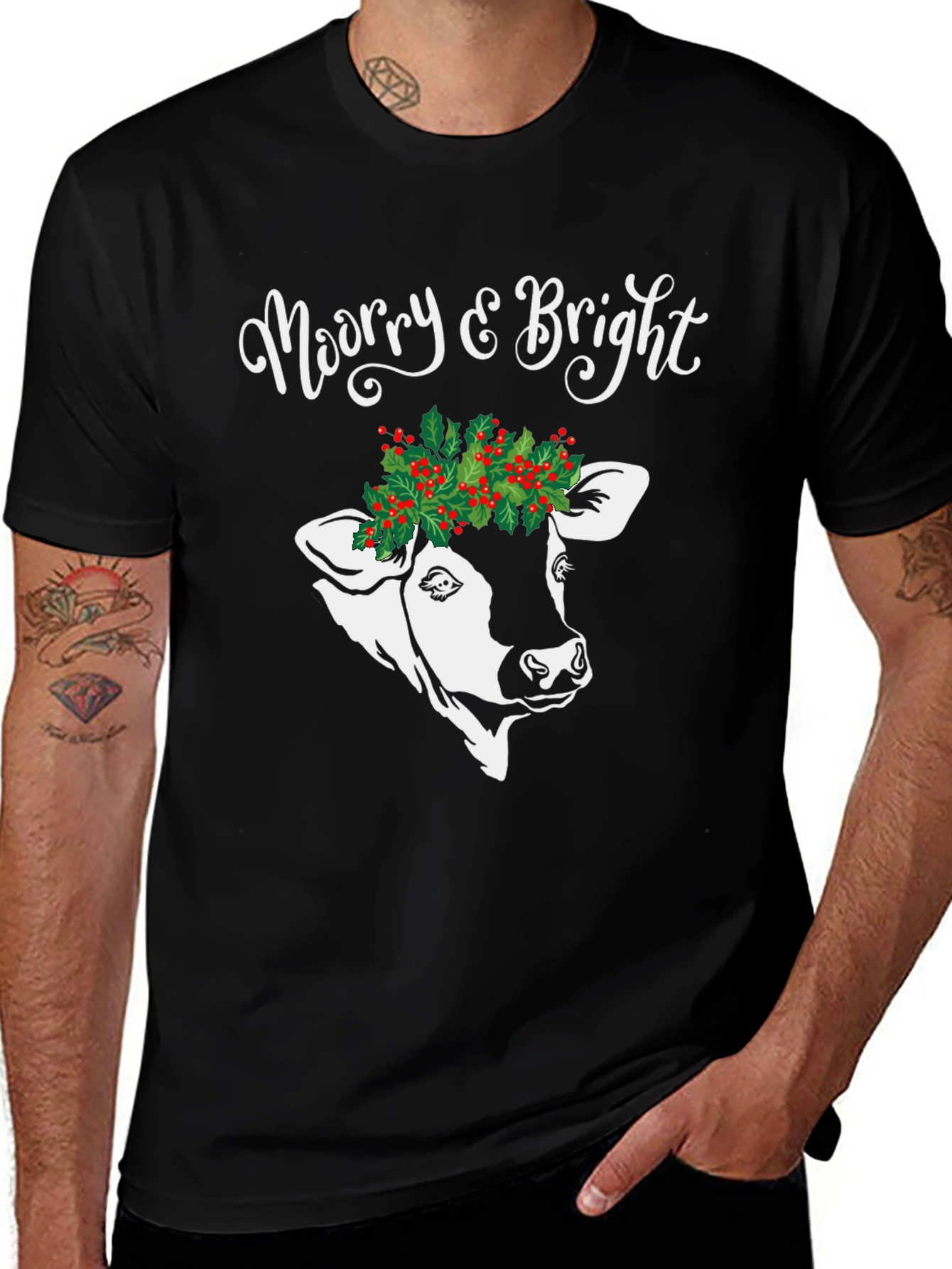 Merry & Bright Cow Christmas Graphic Tee