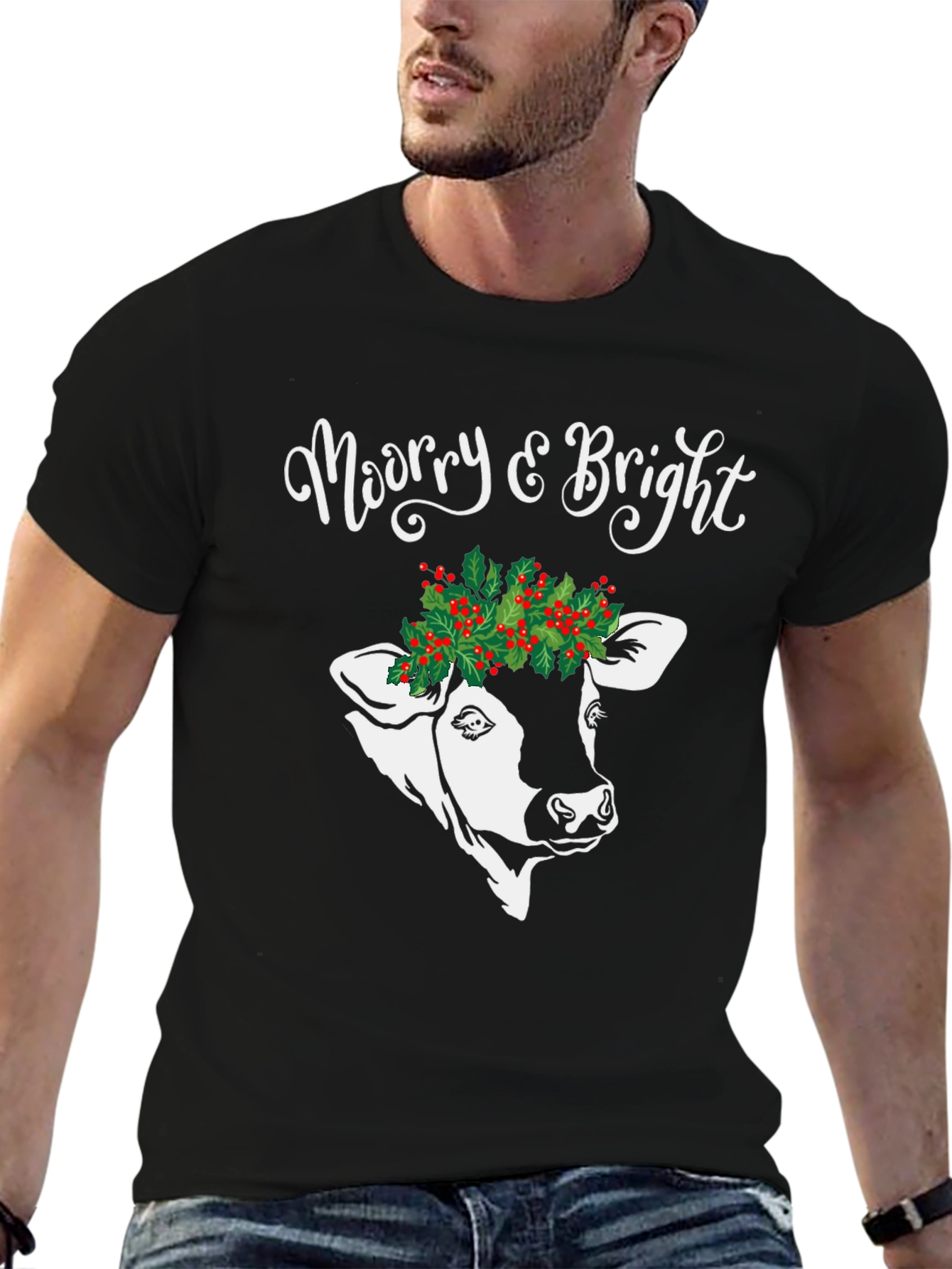 Merry & Bright Cow Christmas Graphic Tee