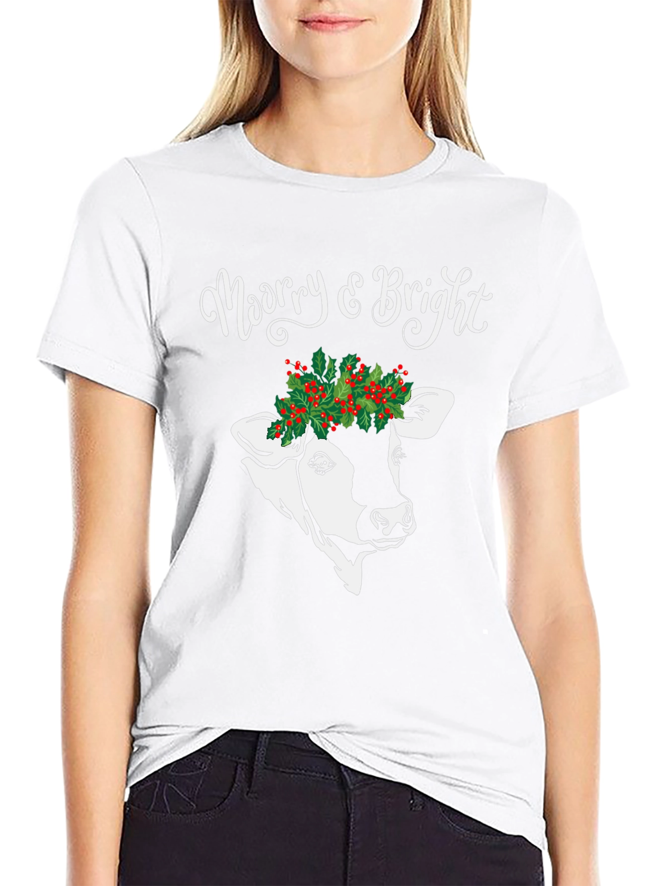 Merry & Bright Cow Christmas Graphic Tee