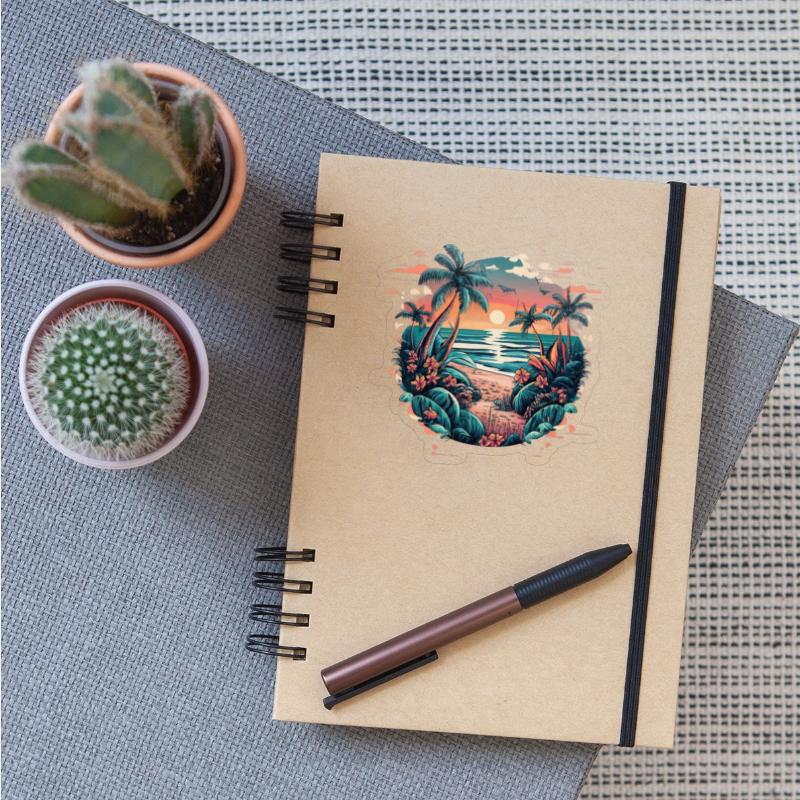 Sunset at a beach with palm trees, circular graphi