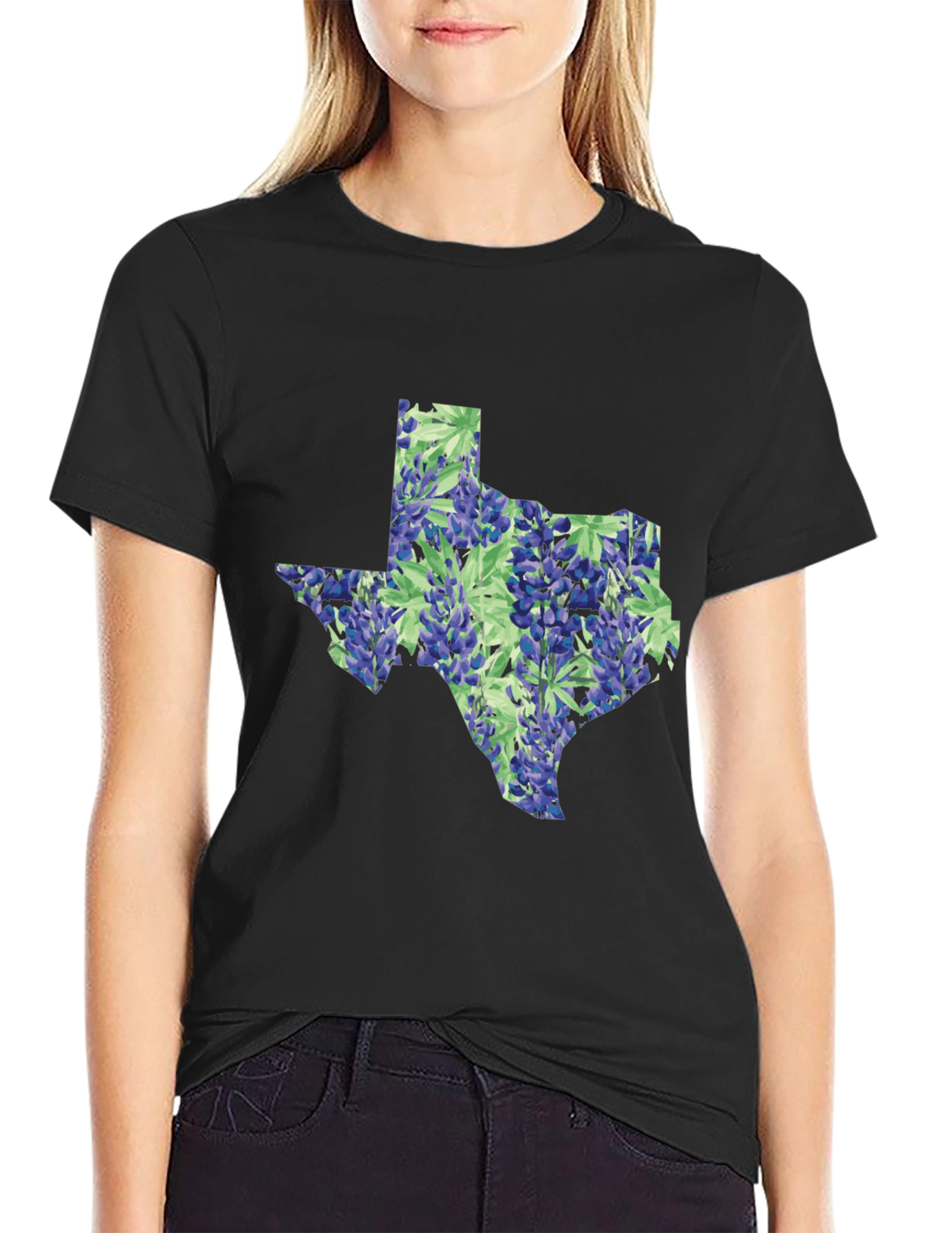 Texas Bluebonnet State Map Black T-Shirt