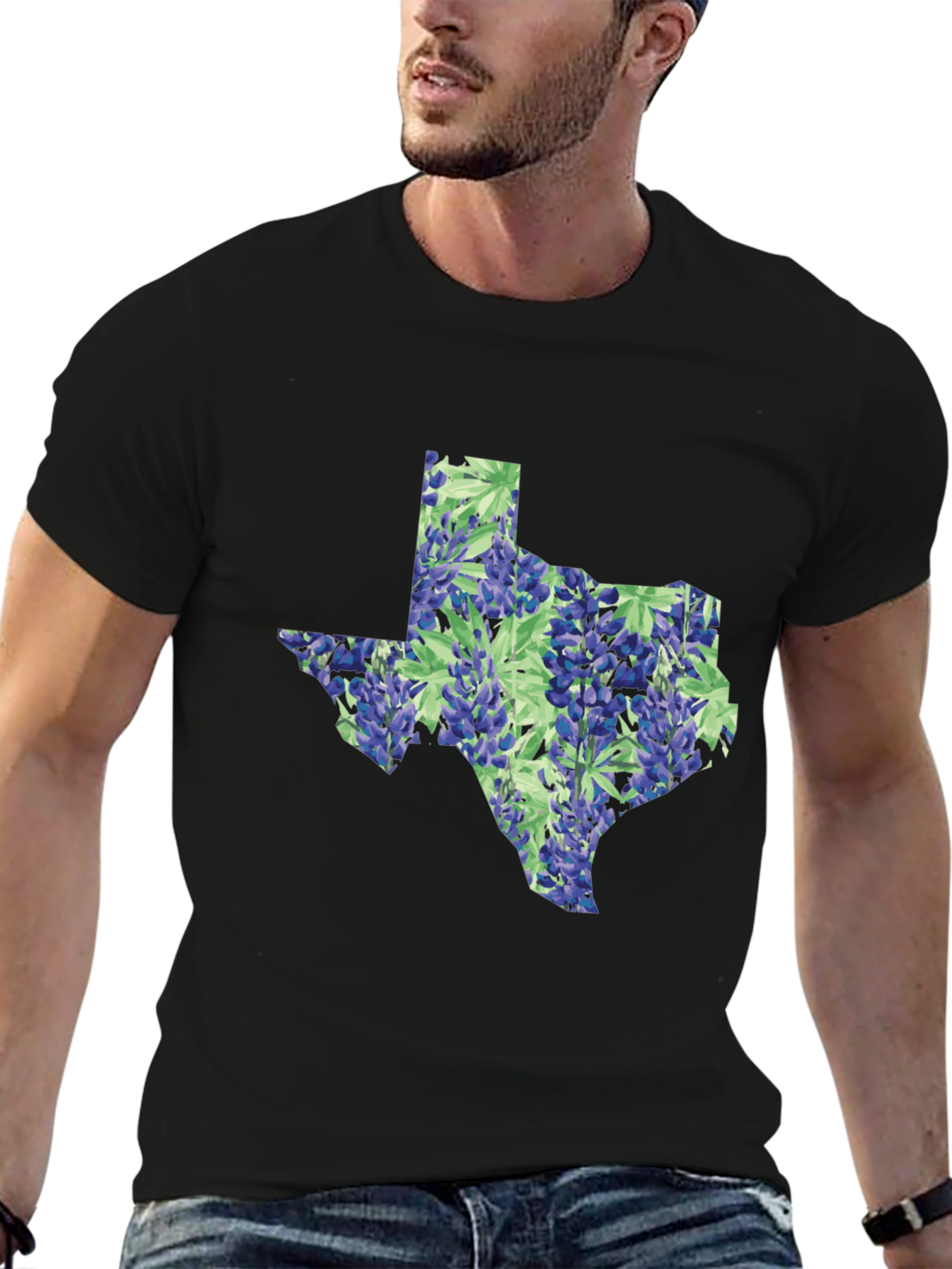 Texas Bluebonnet State Map Black T-Shirt
