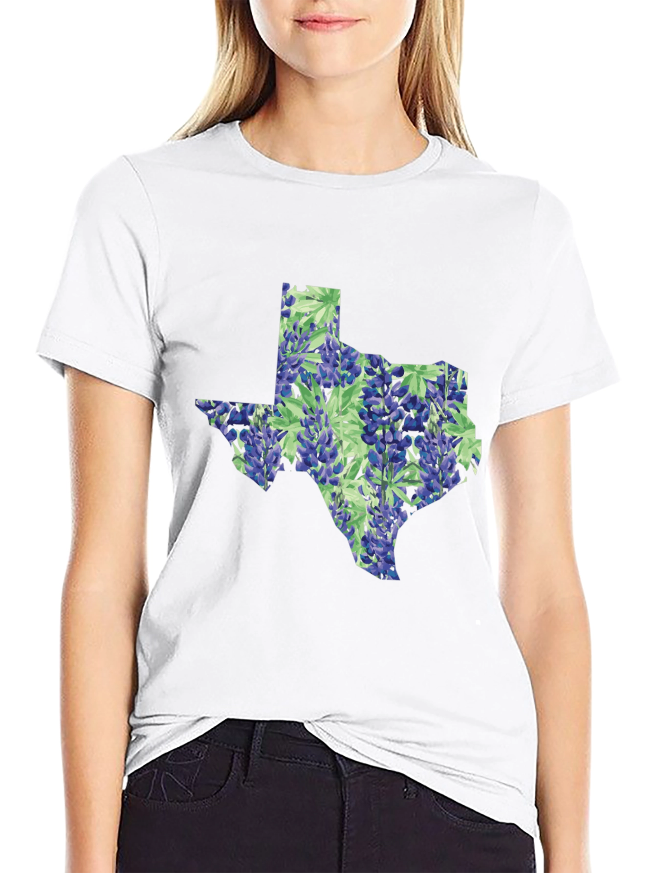Texas Bluebonnet State Map Black T-Shirt