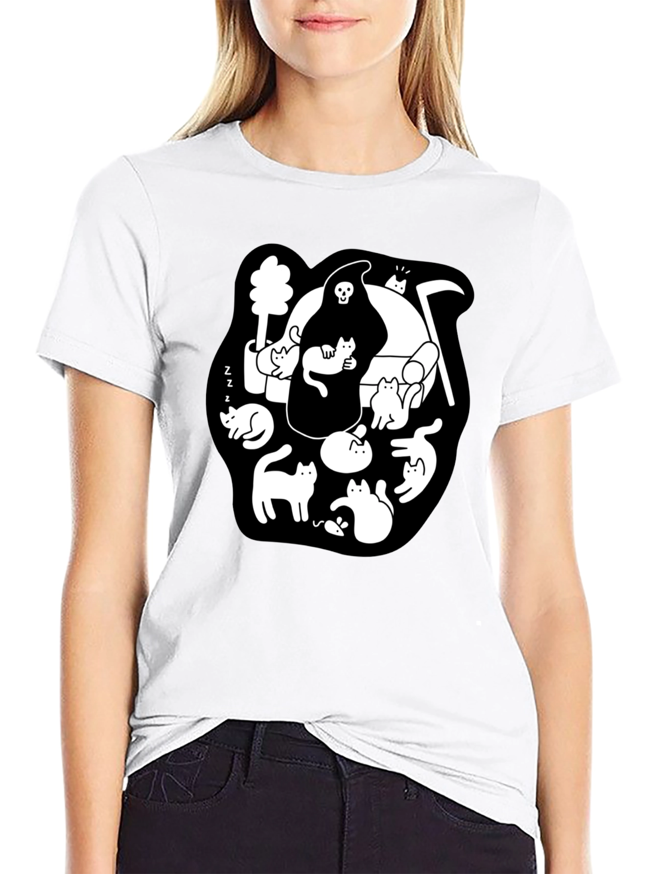 Grim Reaper & Cats Graphic Black T-Shirt
