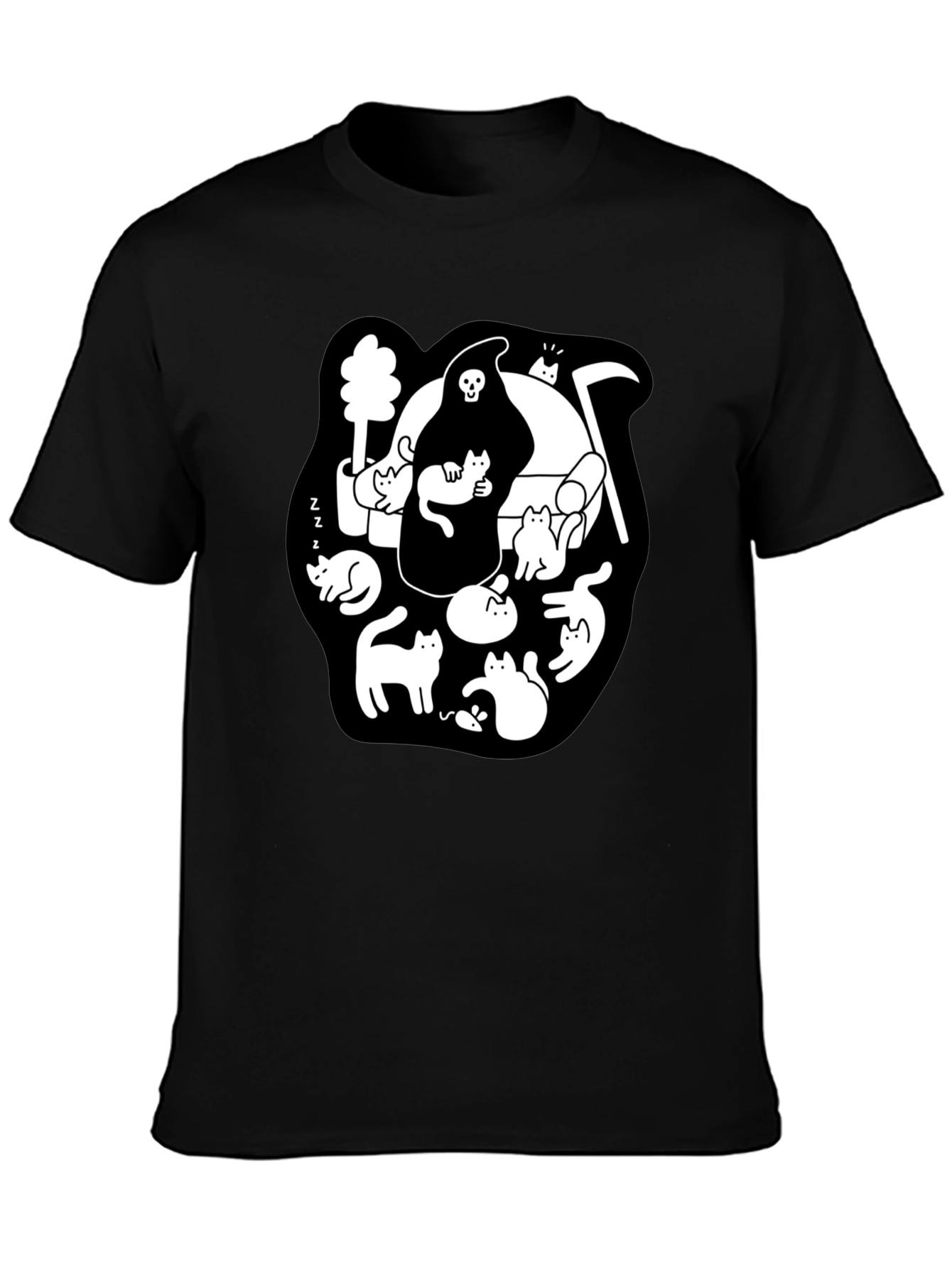 Grim Reaper & Cats Graphic Black T-Shirt
