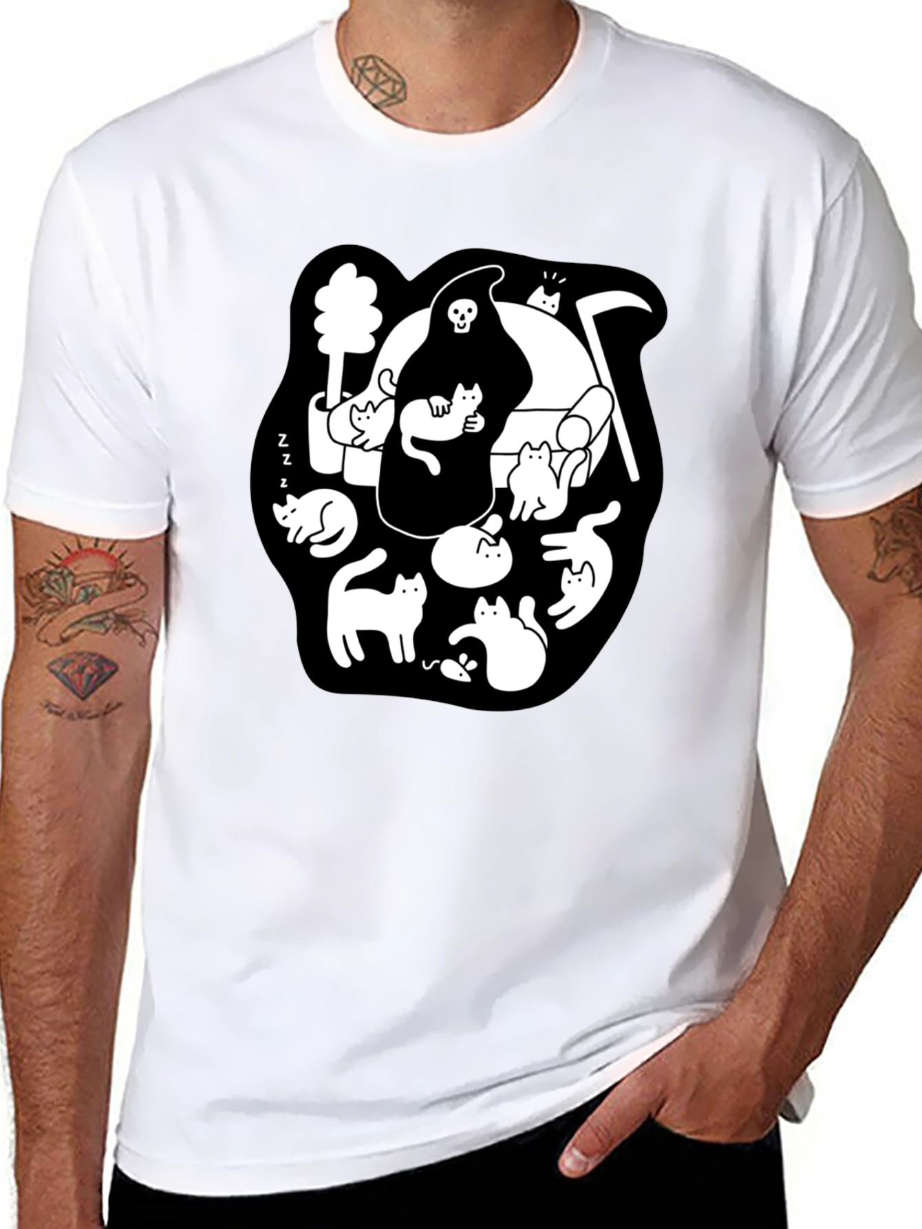 Grim Reaper & Cats Graphic Black T-Shirt