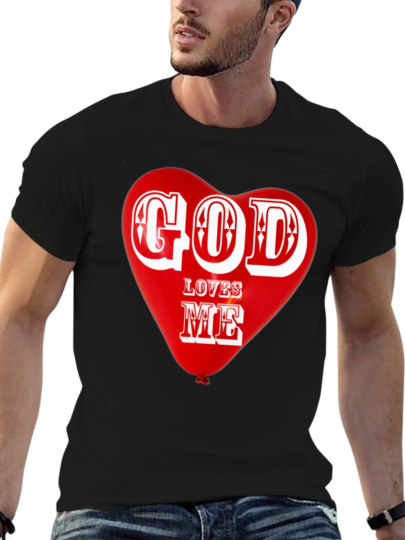 God Loves Me Graphic T-Shirt Religious Heart Design Tee