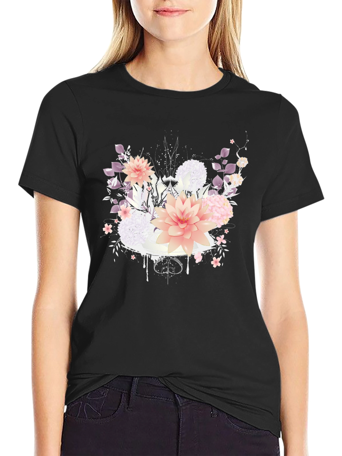 Floral Design T-Shirt - Black