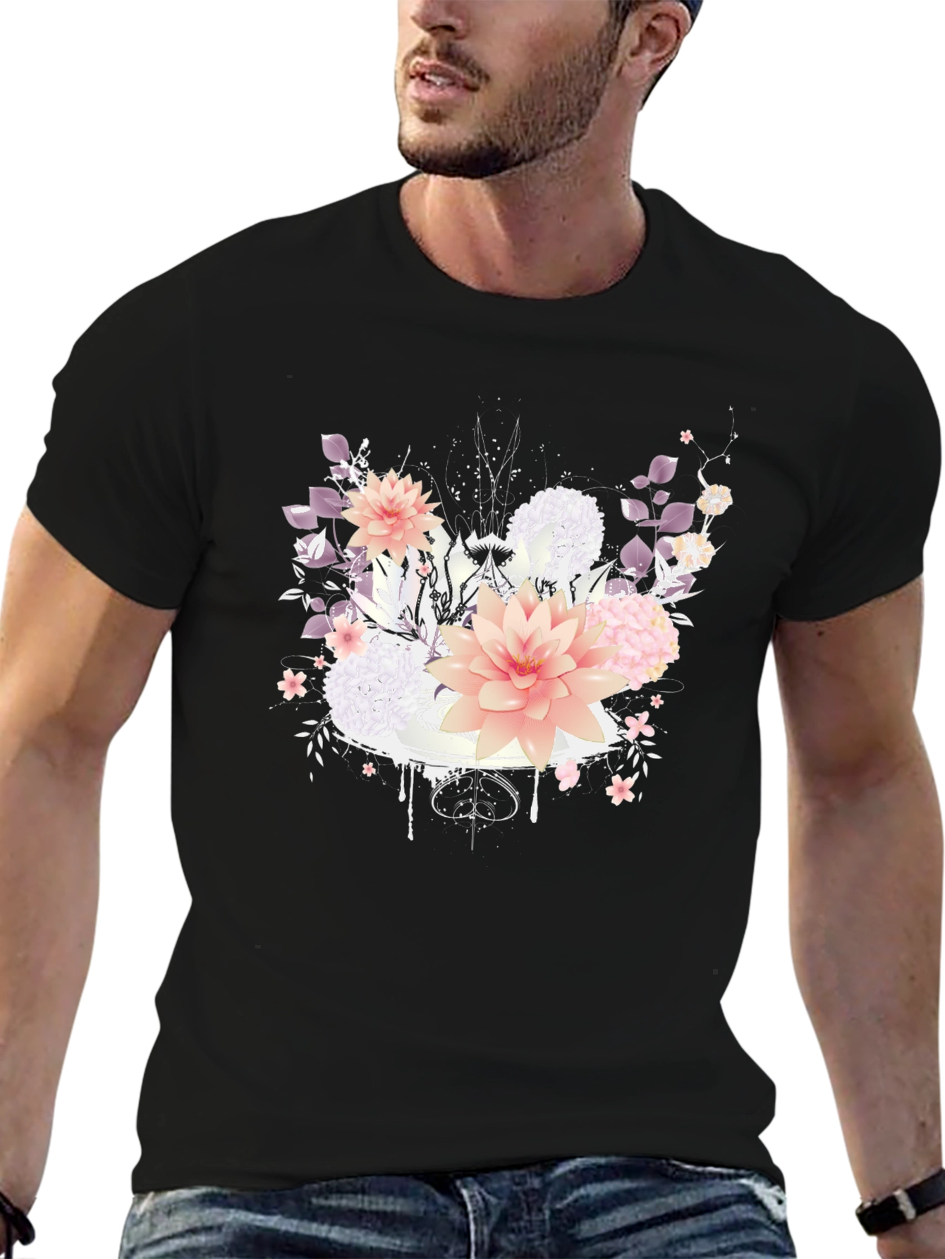Floral Design T-Shirt - Black