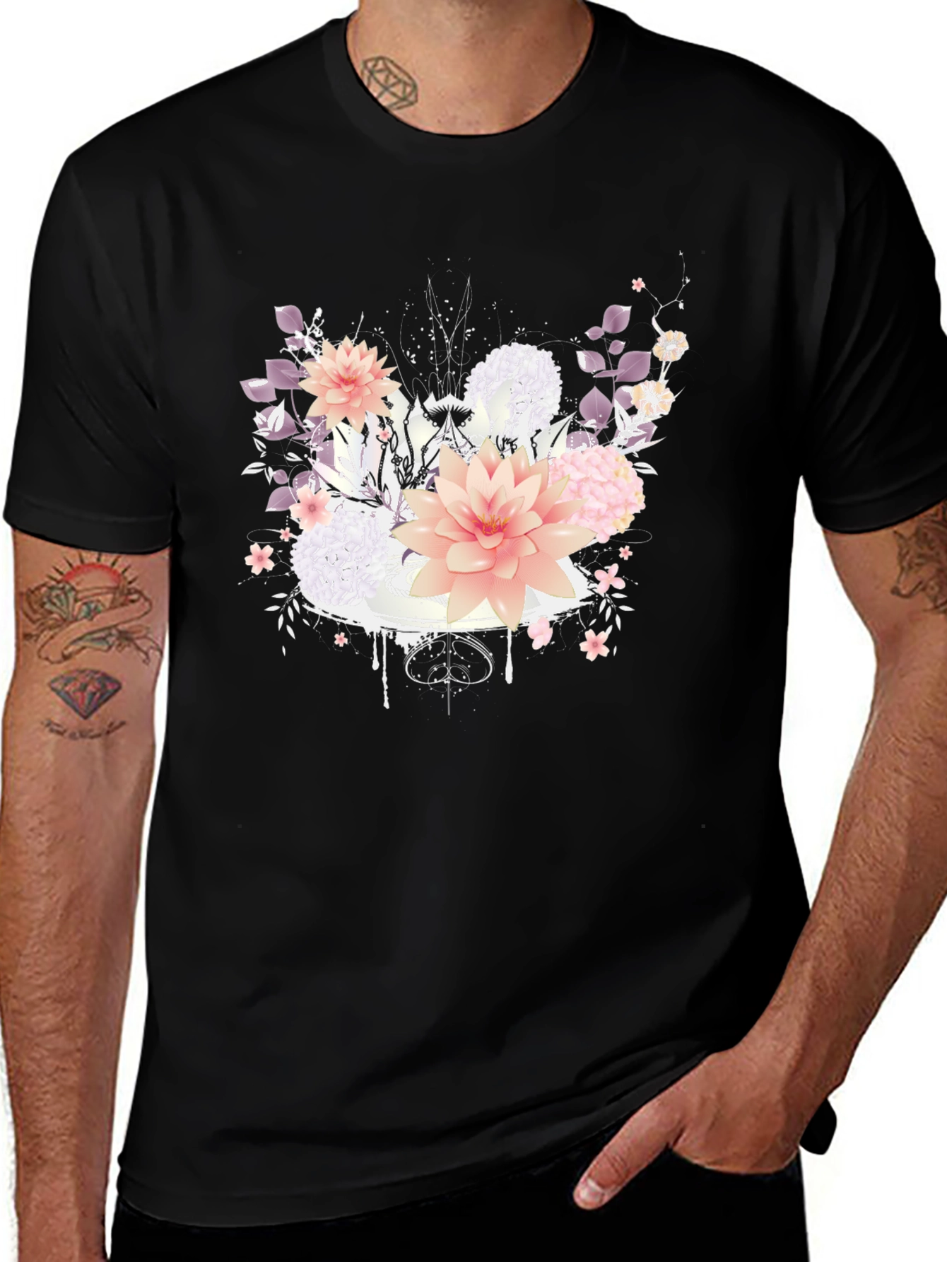 Floral Design T-Shirt - Black