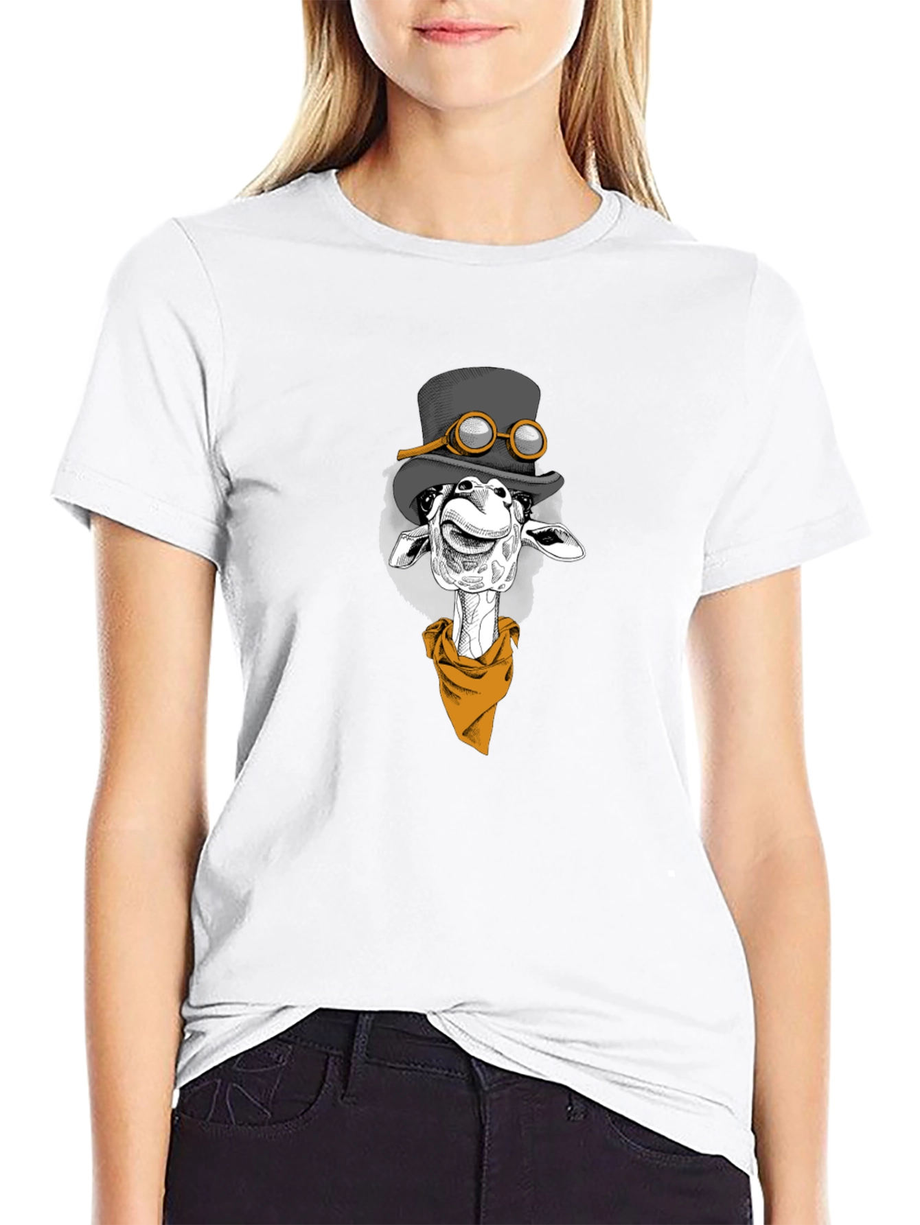 Giraffe Steampunk Graphic Tee - Black Cotton T-Shirt
