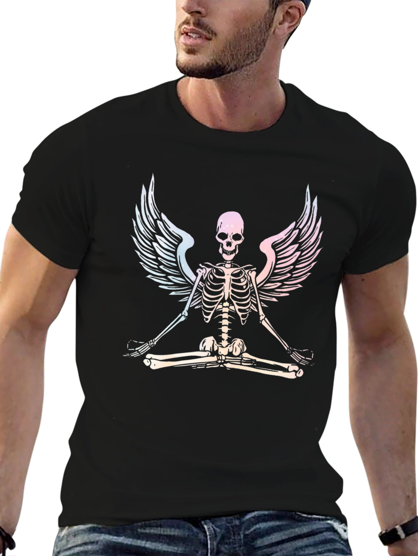Yoga Skeleton Angel Wings Graphic Tee - Black
