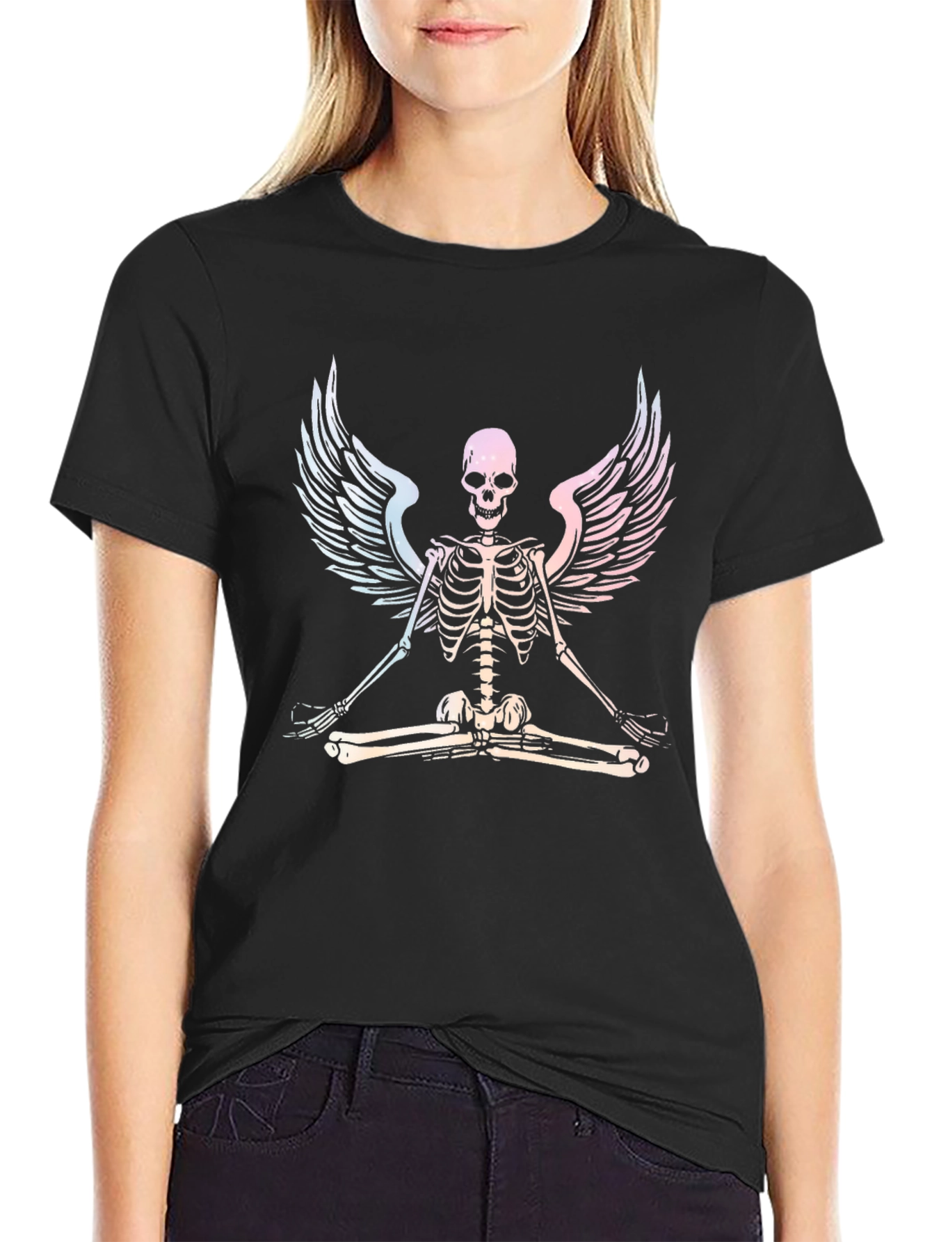 Yoga Skeleton Angel Wings Graphic Tee - Black