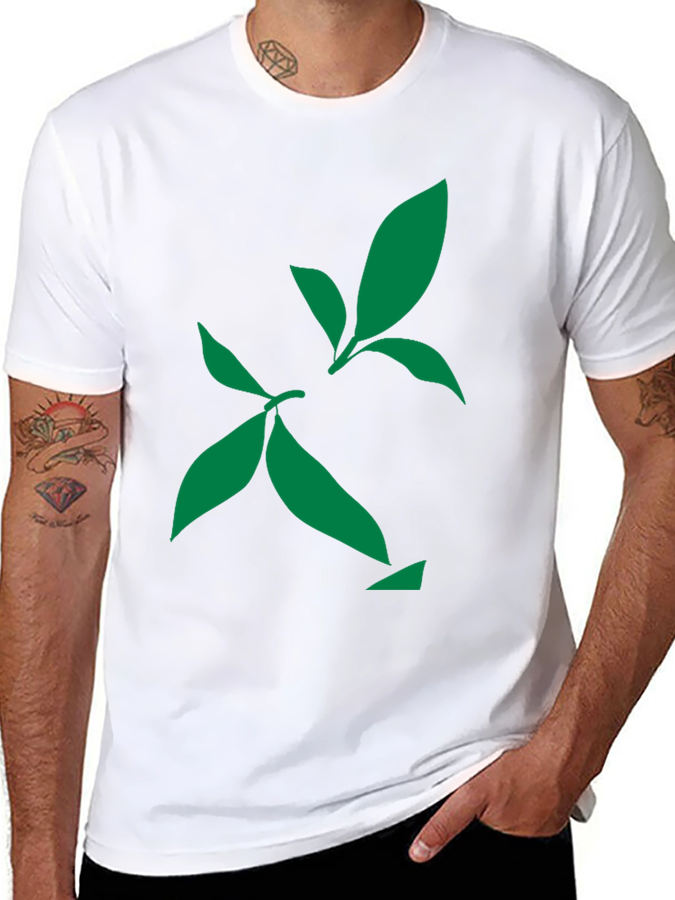 Green Leaf Design Black T-Shirt