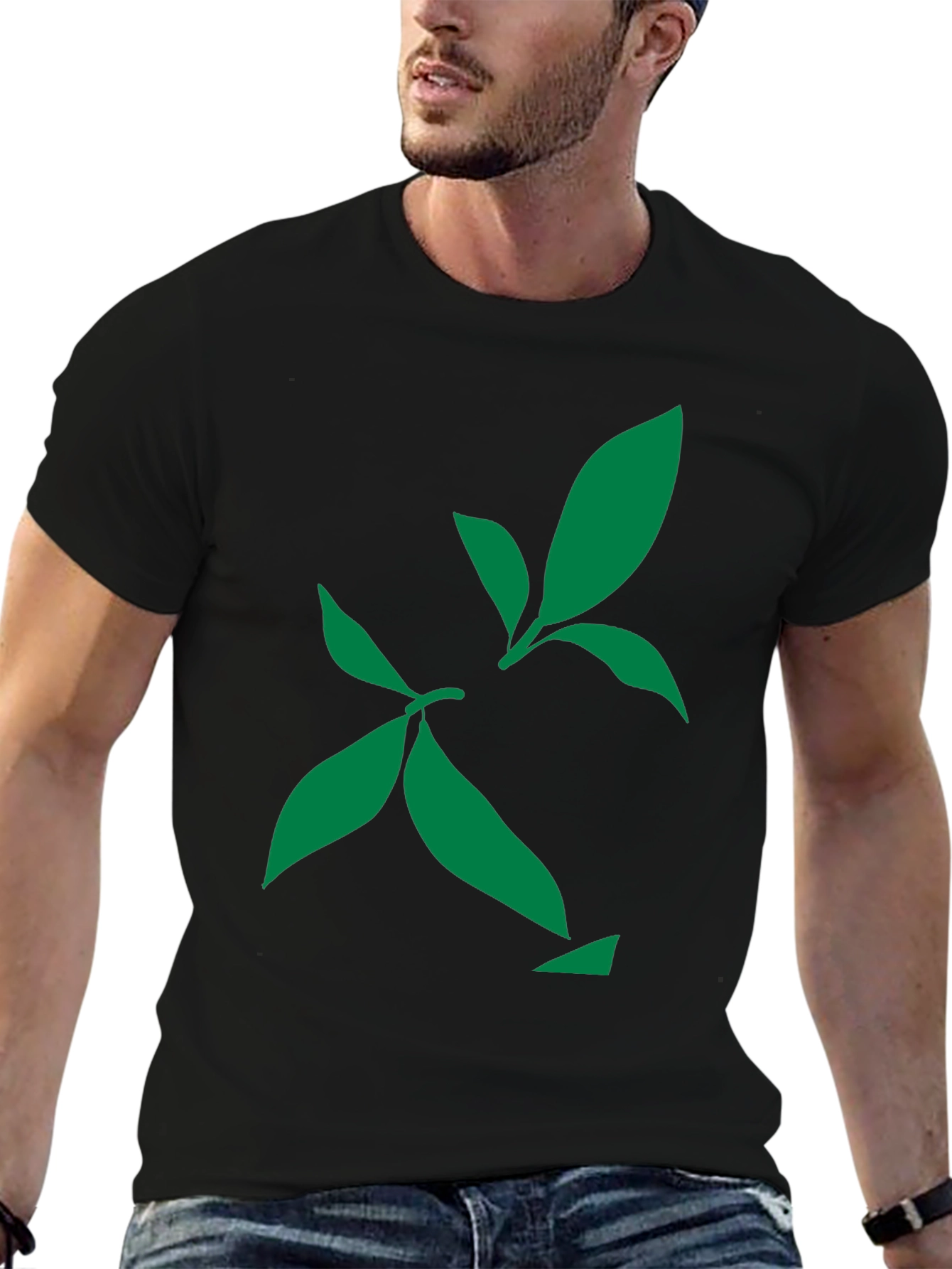 Green Leaf Design Black T-Shirt