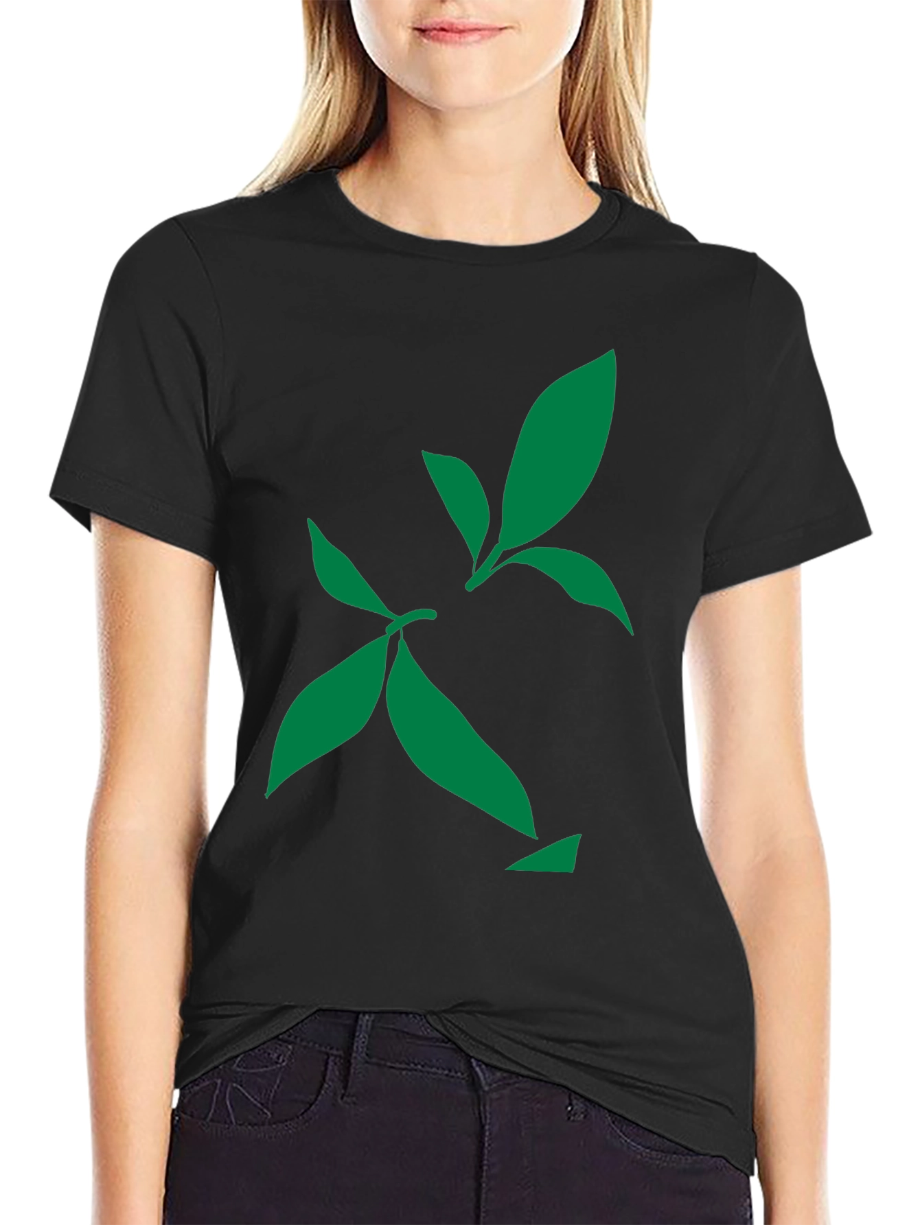 Green Leaf Design Black T-Shirt
