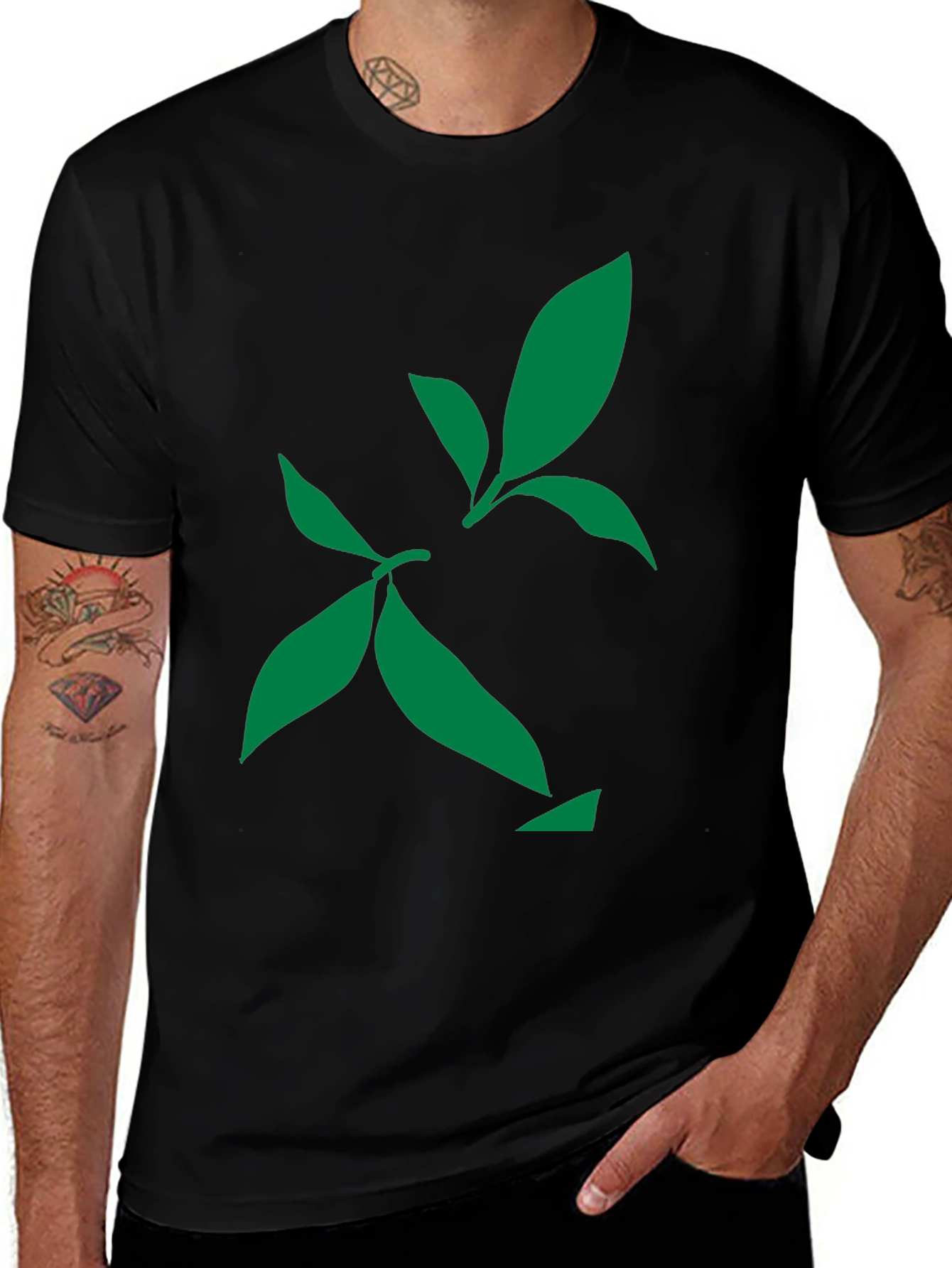 Green Leaf Design Black T-Shirt