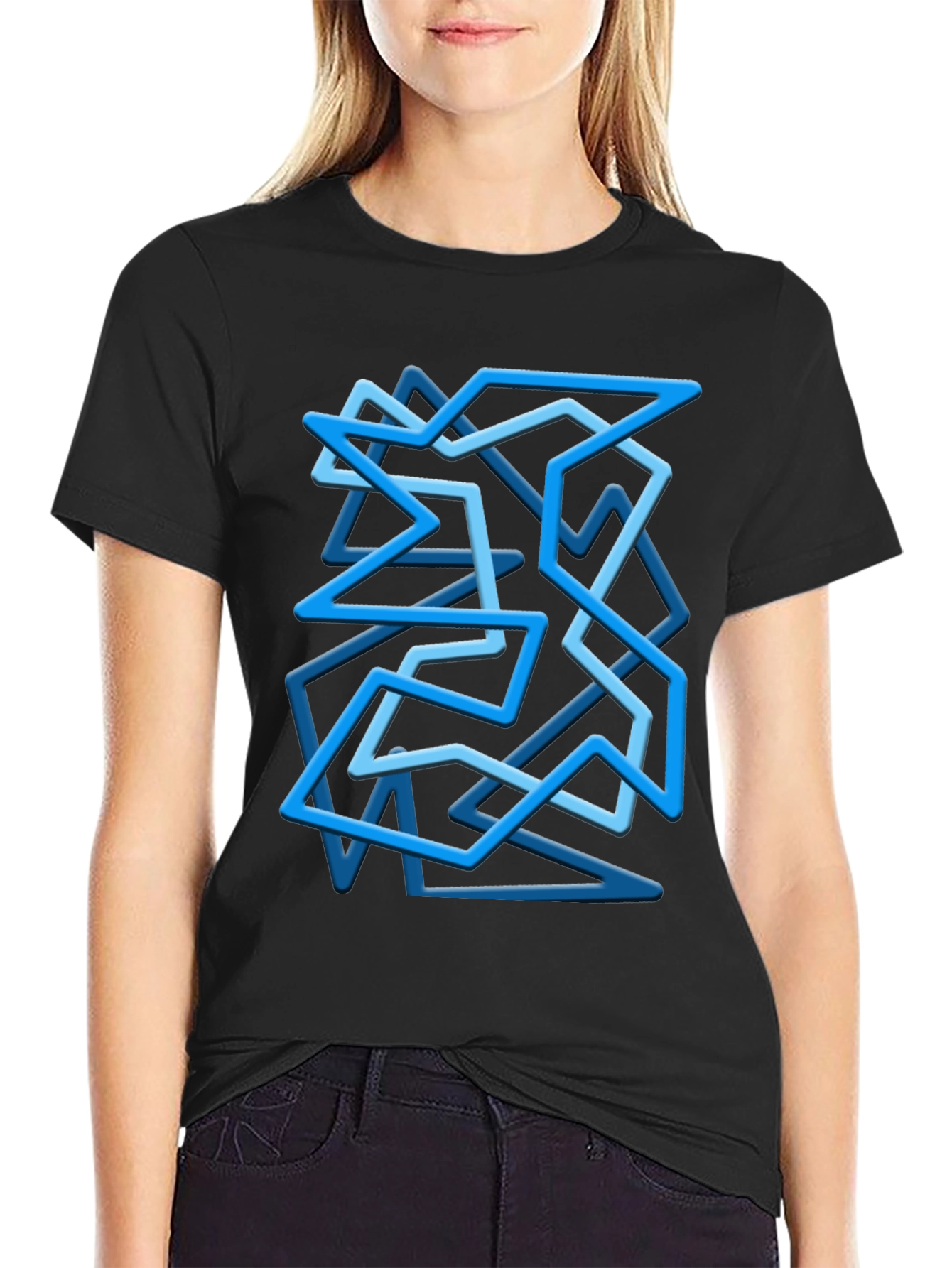Geometric Blue Line Art Black T-Shirt