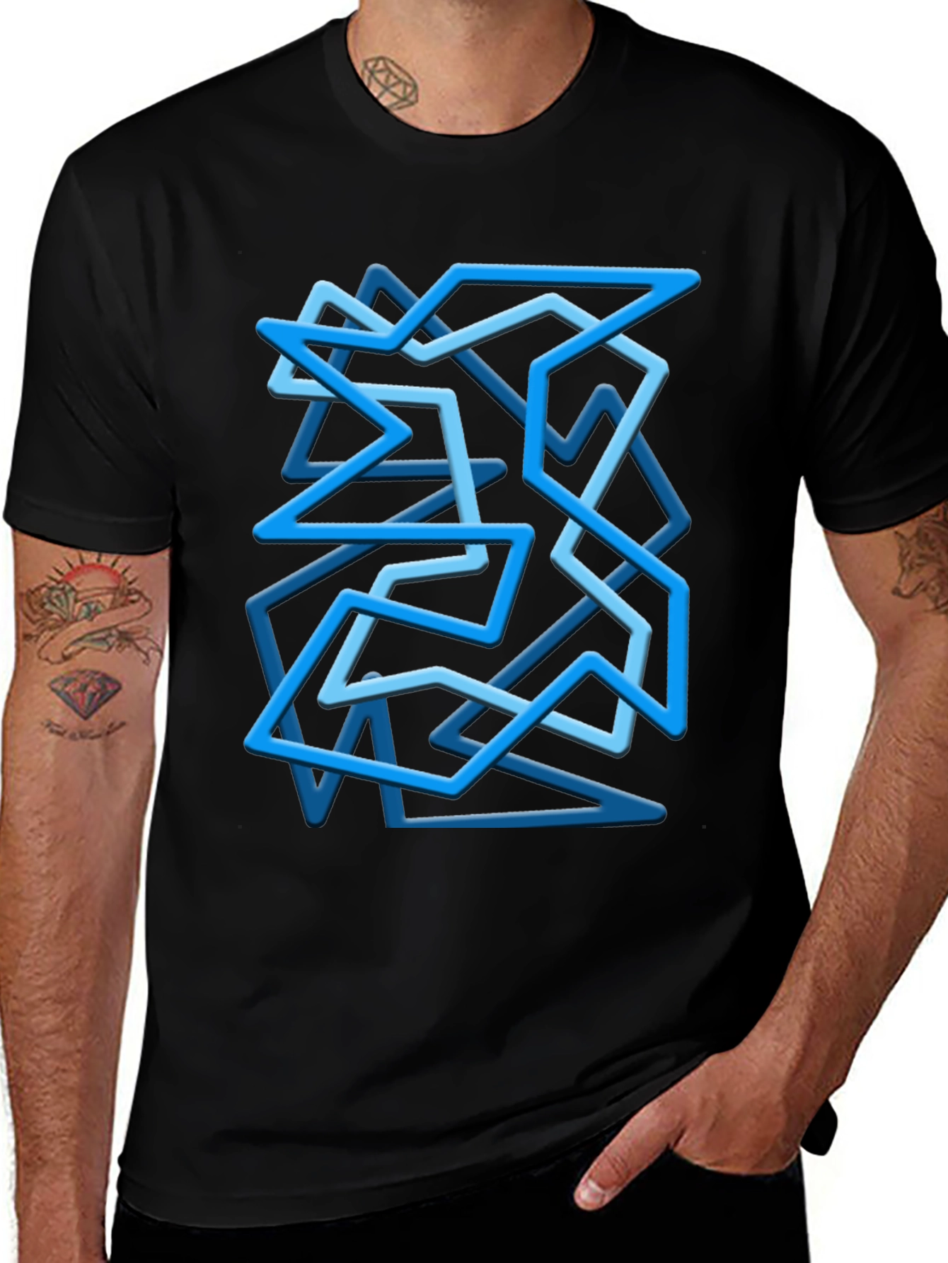 Geometric Blue Line Art Black T-Shirt