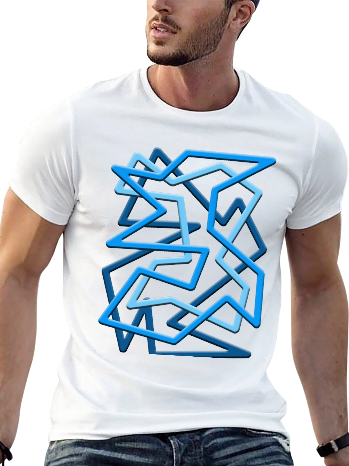 Geometric Blue Line Art Black T-Shirt
