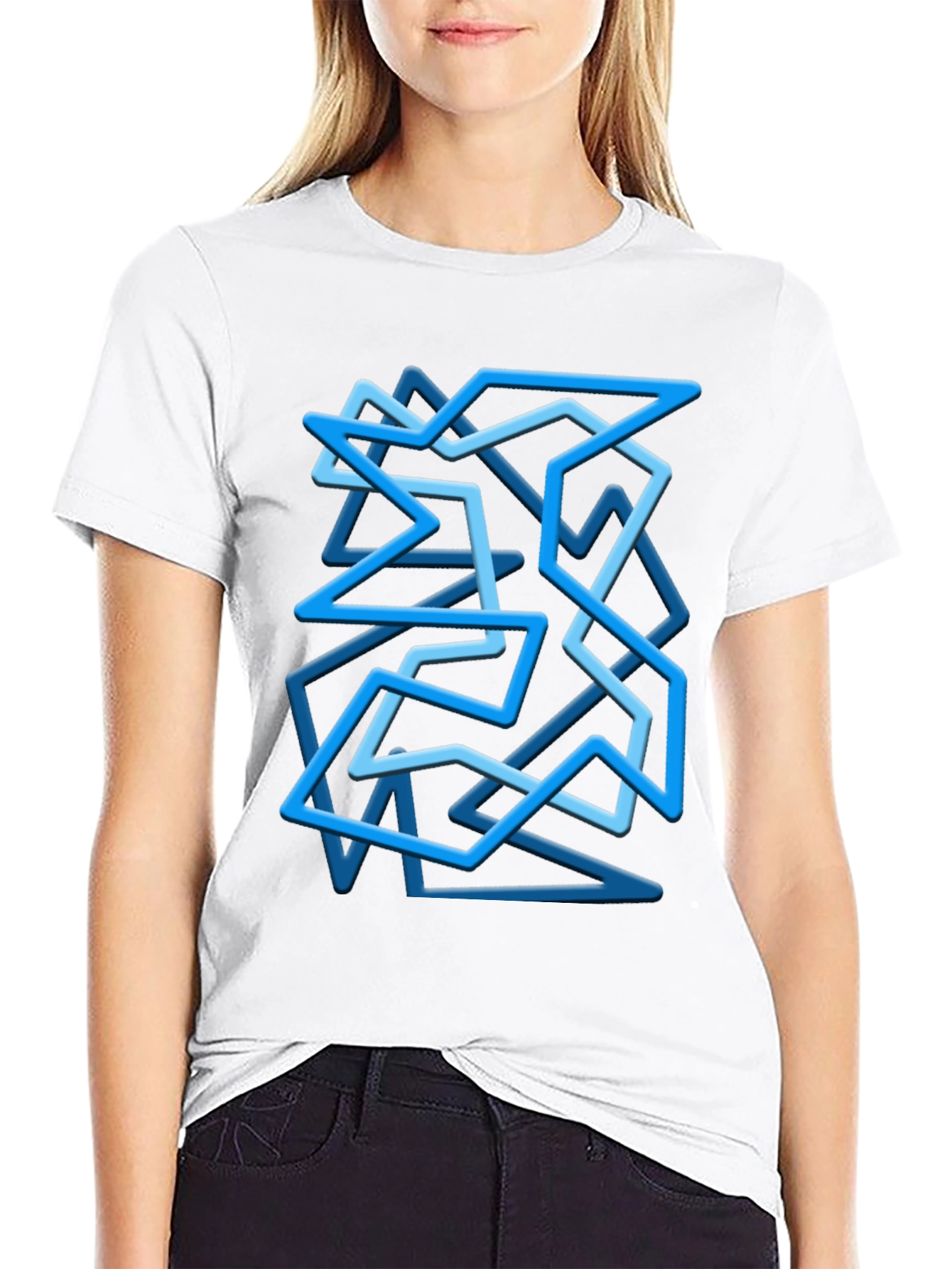 Geometric Blue Line Art Black T-Shirt