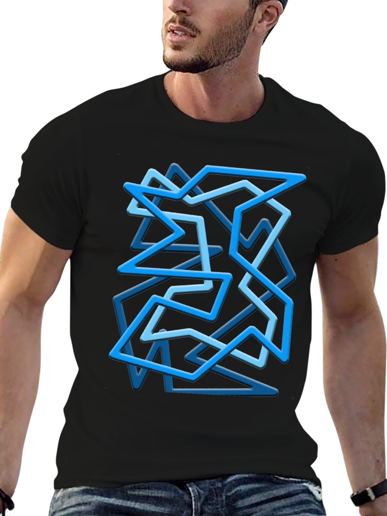 Geometric Blue Line Art Black T-Shirt