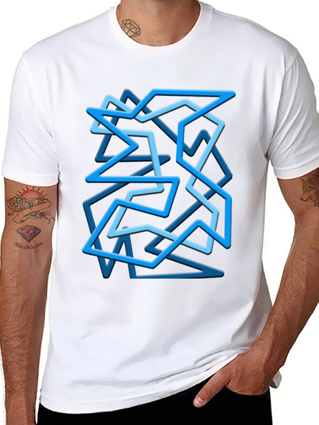 Geometric Blue Line Art Black T-Shirt