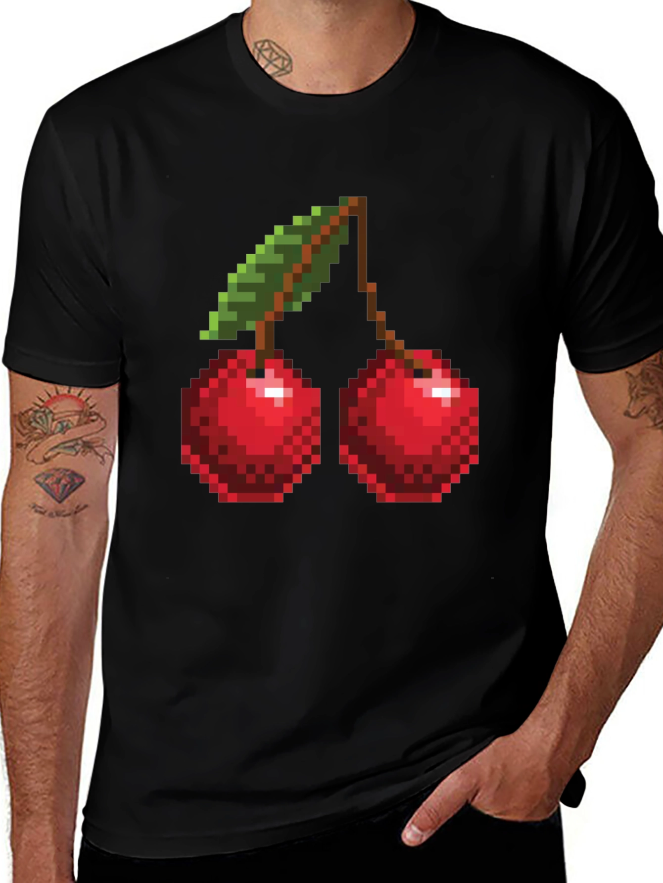 Pixel Cherry Graphic Tee - Black Short Sleeve