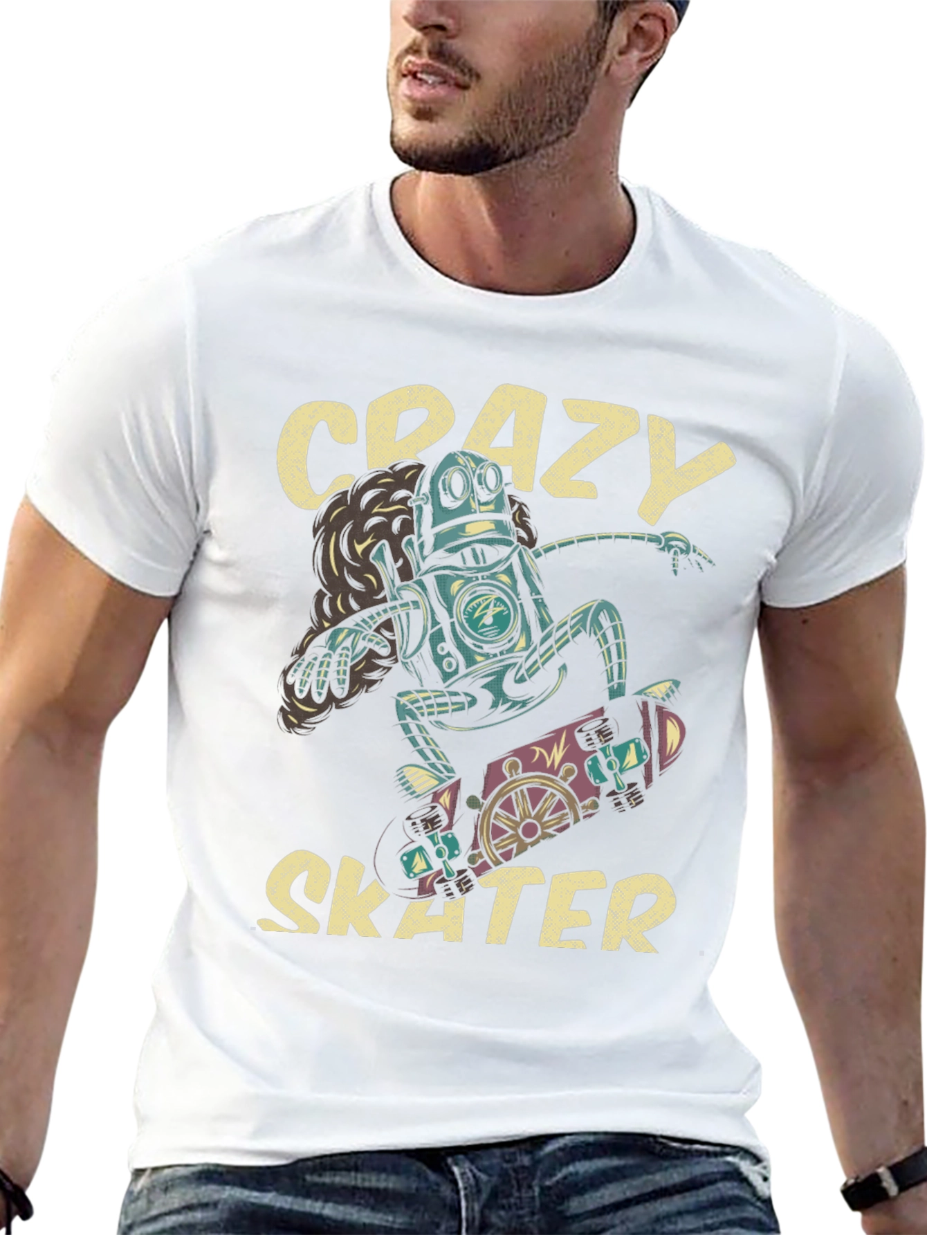 Crazy Skater Robot Graphic T-Shirt