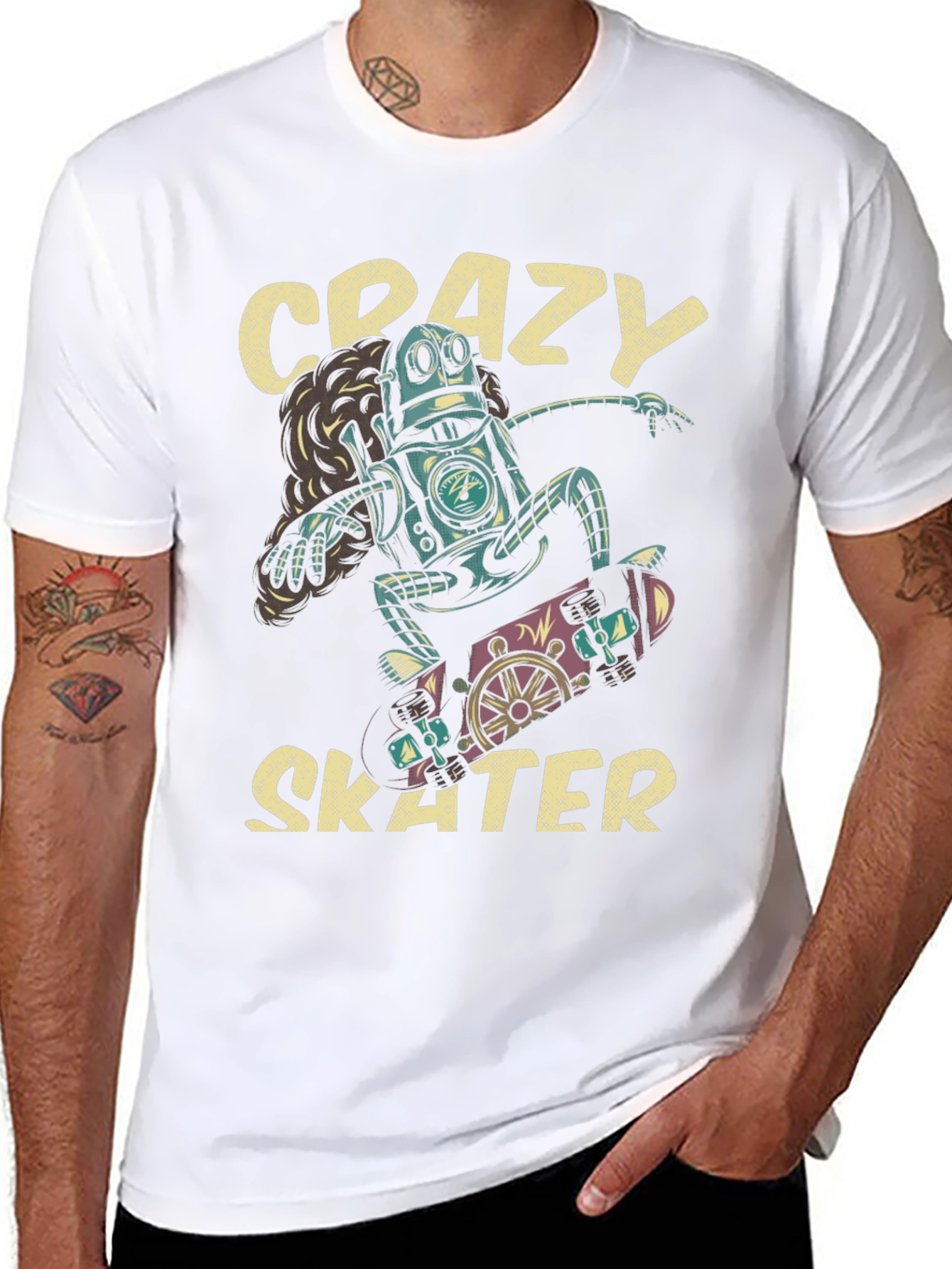 Crazy Skater Robot Graphic T-Shirt