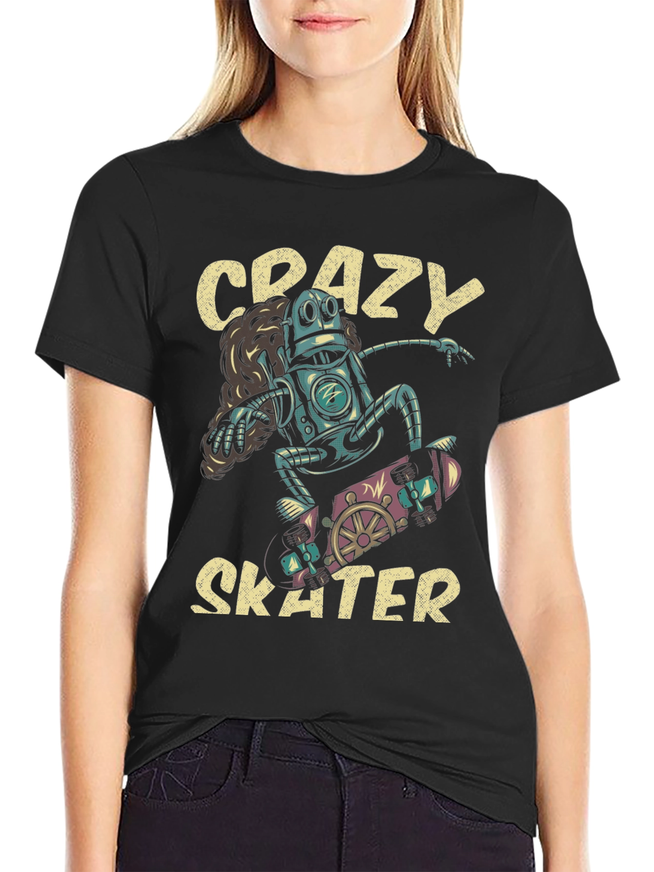 Crazy Skater Robot Graphic T-Shirt