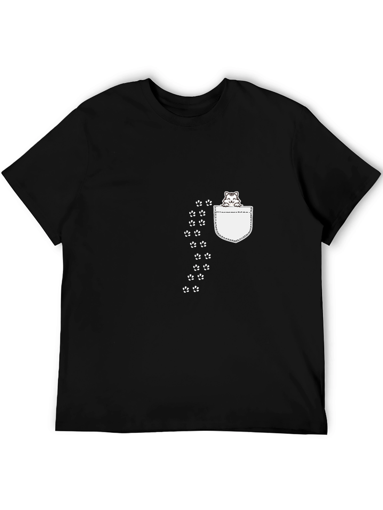 Cute Cat Pocket Print Black T-Shirt
