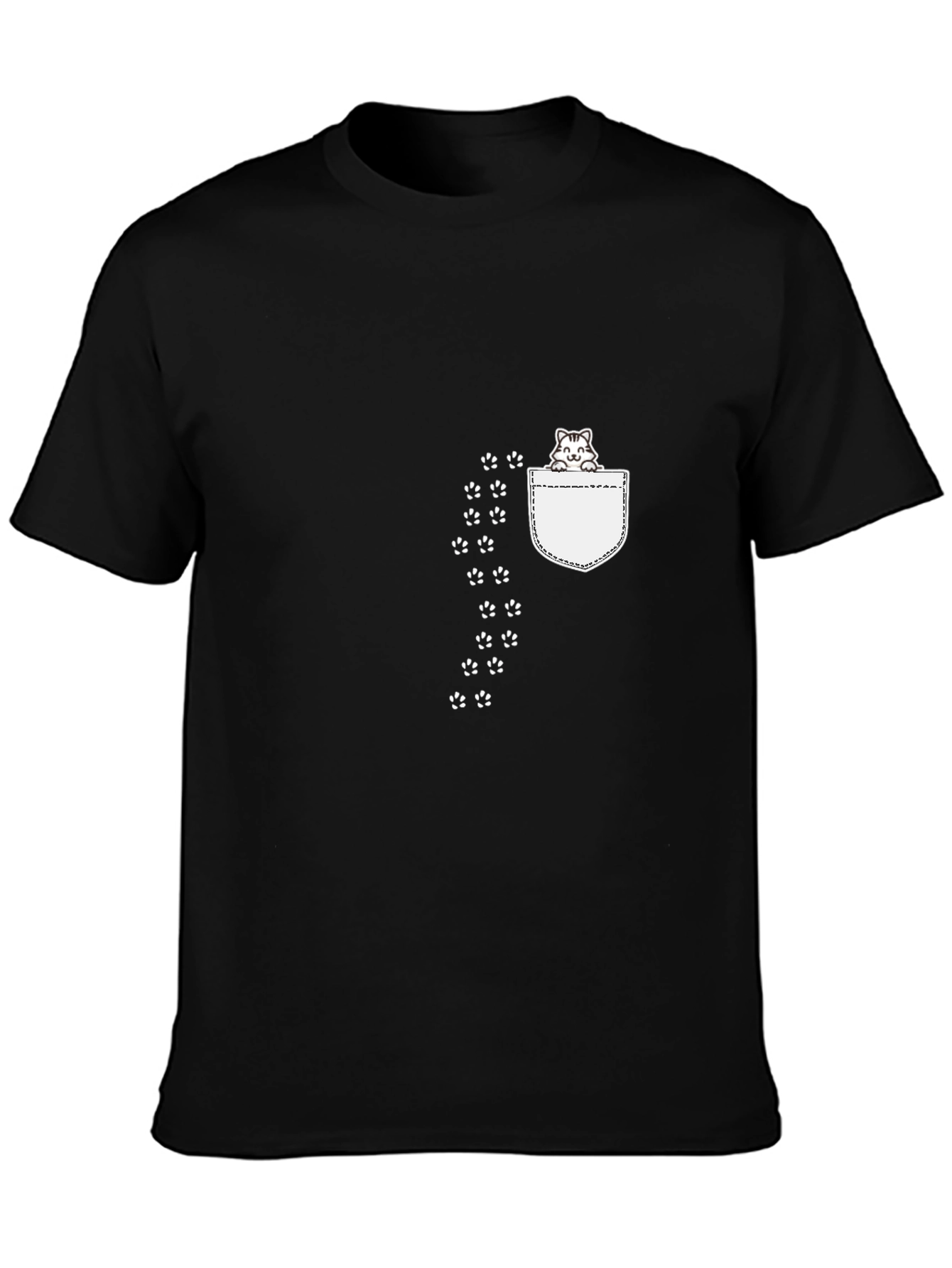 Cute Cat Pocket Print Black T-Shirt