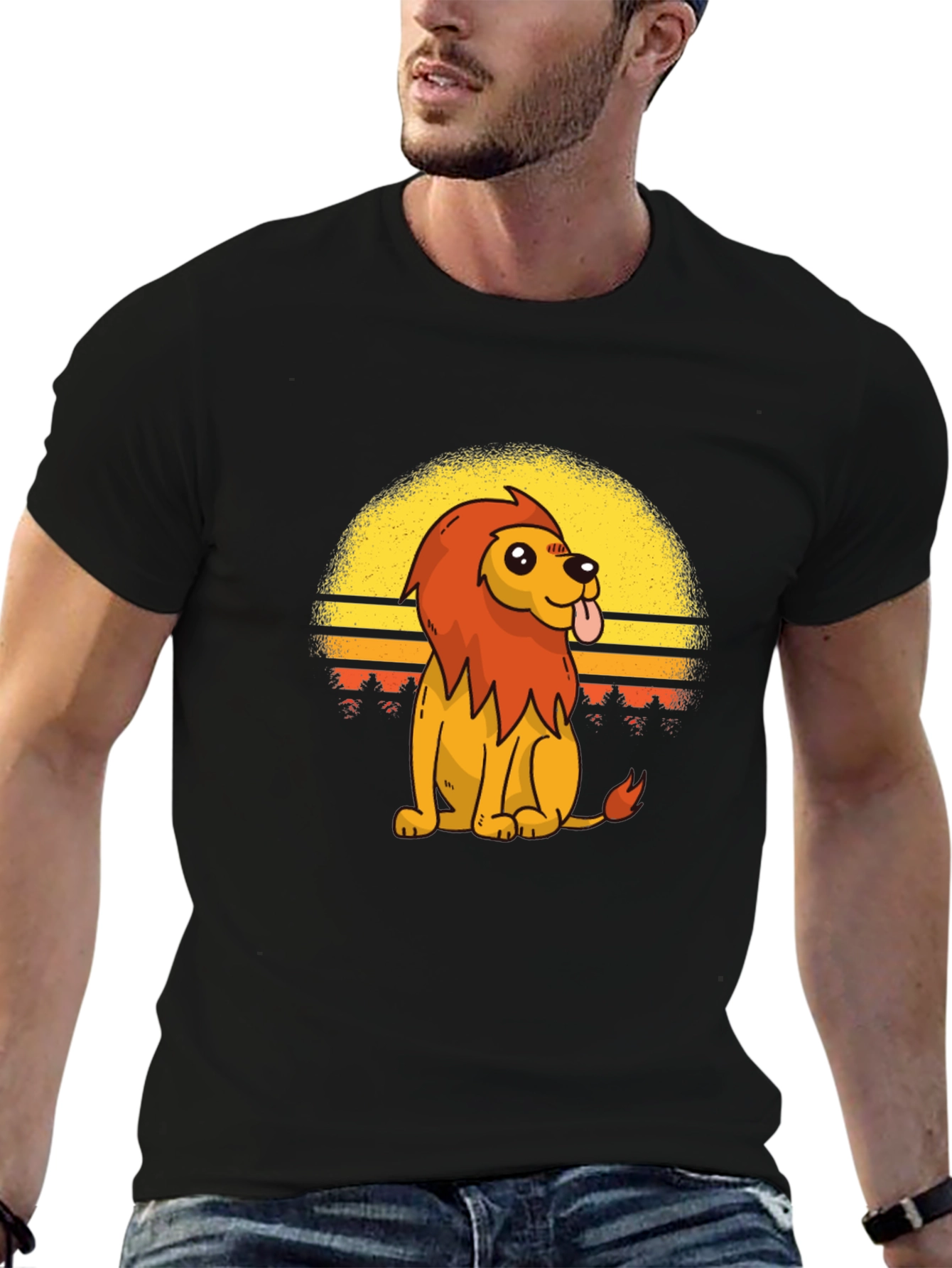 Retro Cartoon Lion Graphic Tee - Black T-Shirt