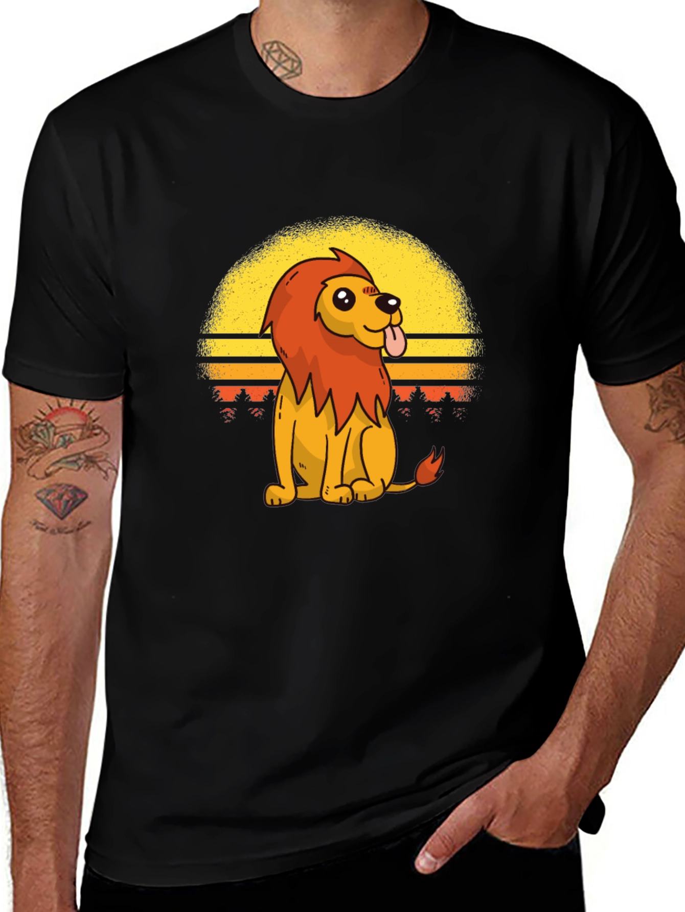 Retro Cartoon Lion Graphic Tee - Black T-Shirt