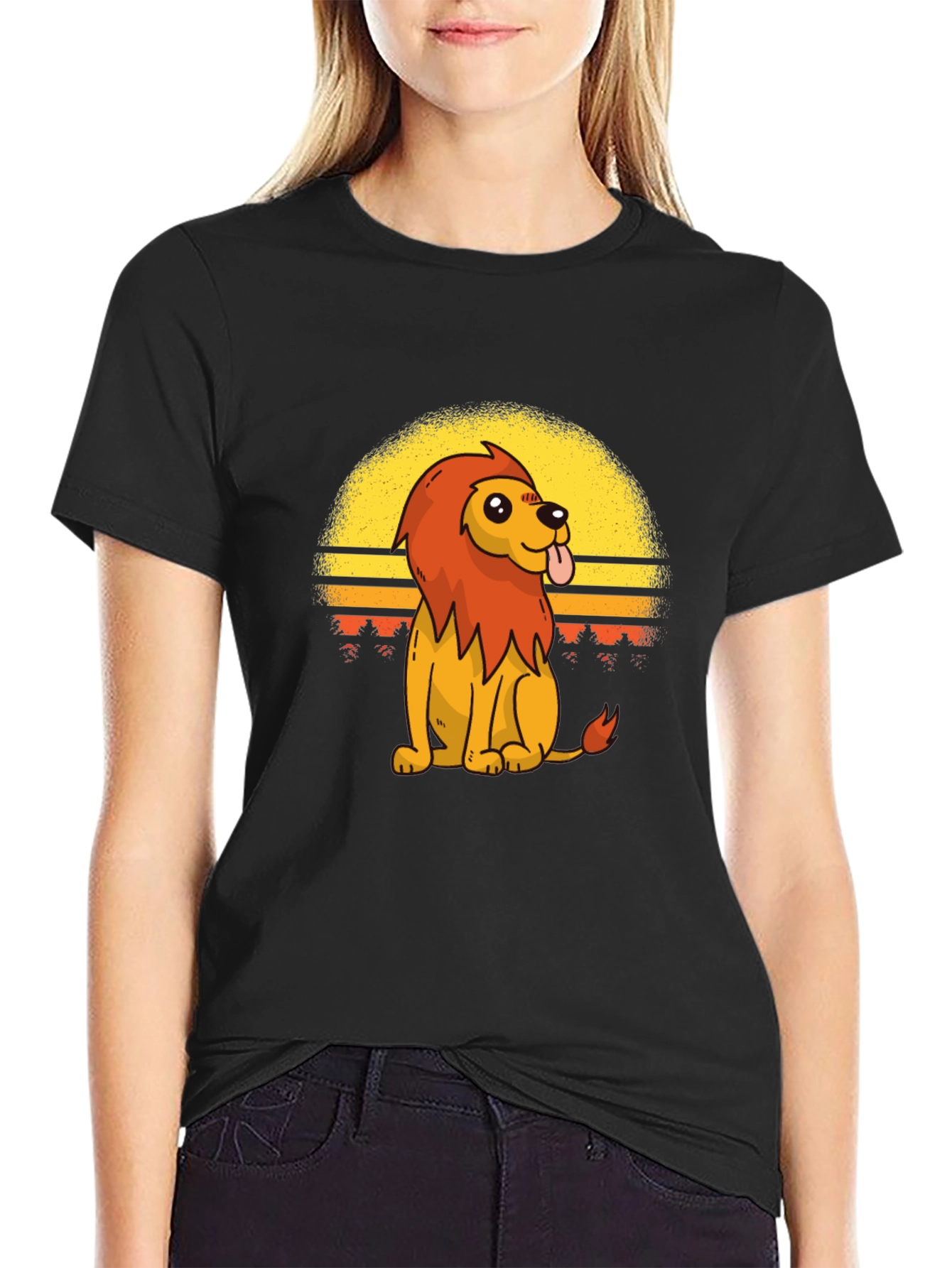 Retro Cartoon Lion Graphic Tee - Black T-Shirt