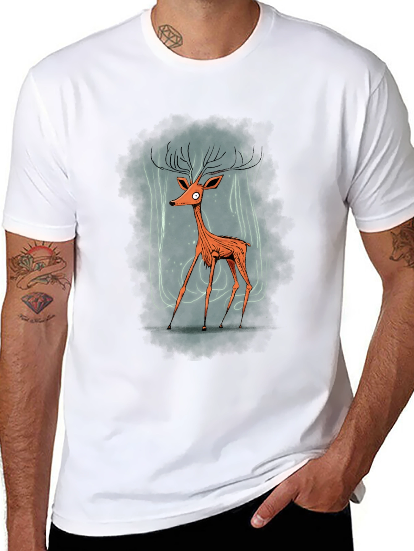 Stylized Deer Graphic T-Shirt - Mens Black Tee