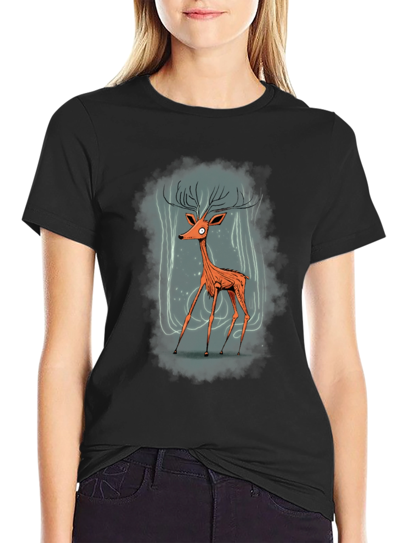Stylized Deer Graphic T-Shirt - Mens Black Tee