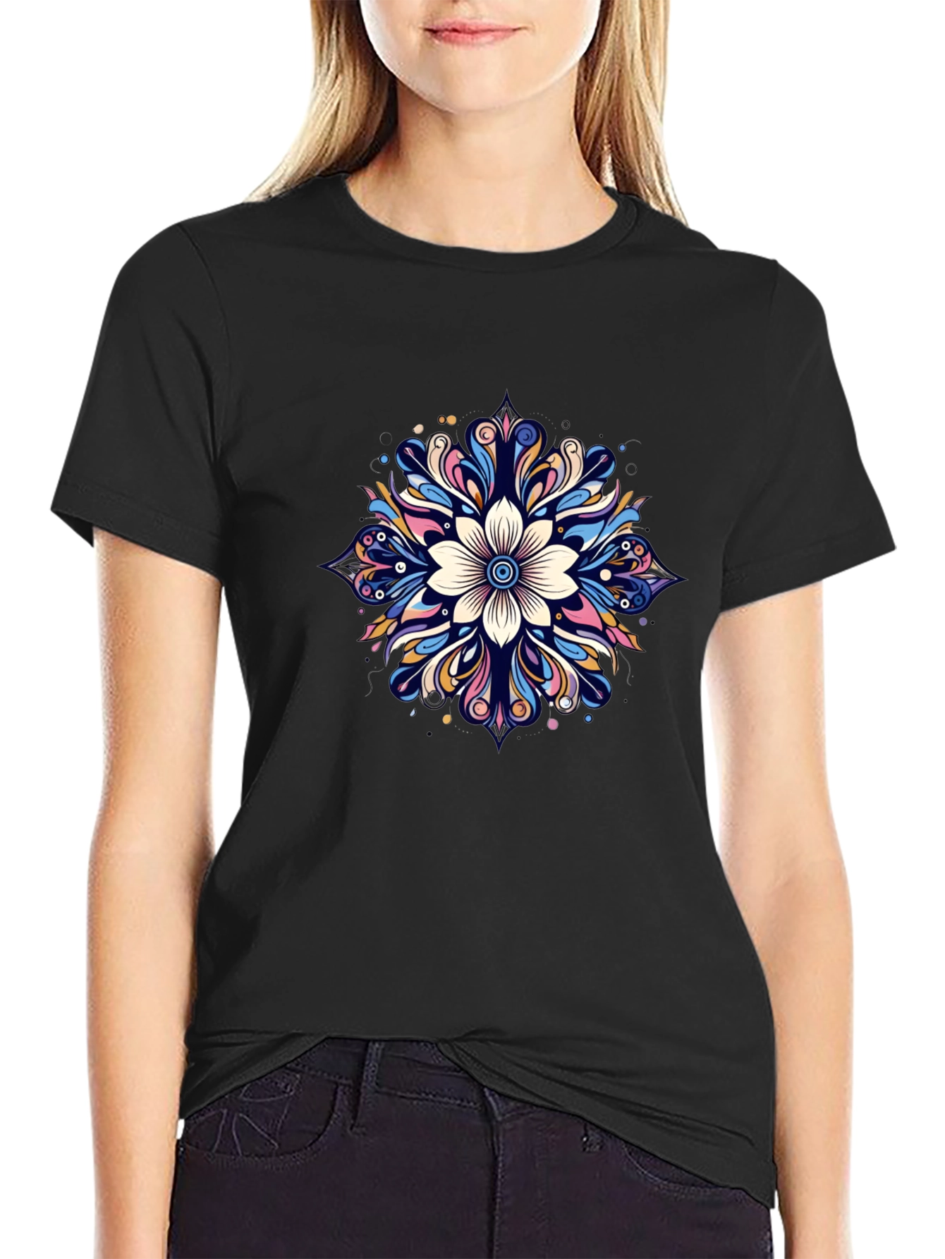 Floral Mandala Graphic Black T-Shirt