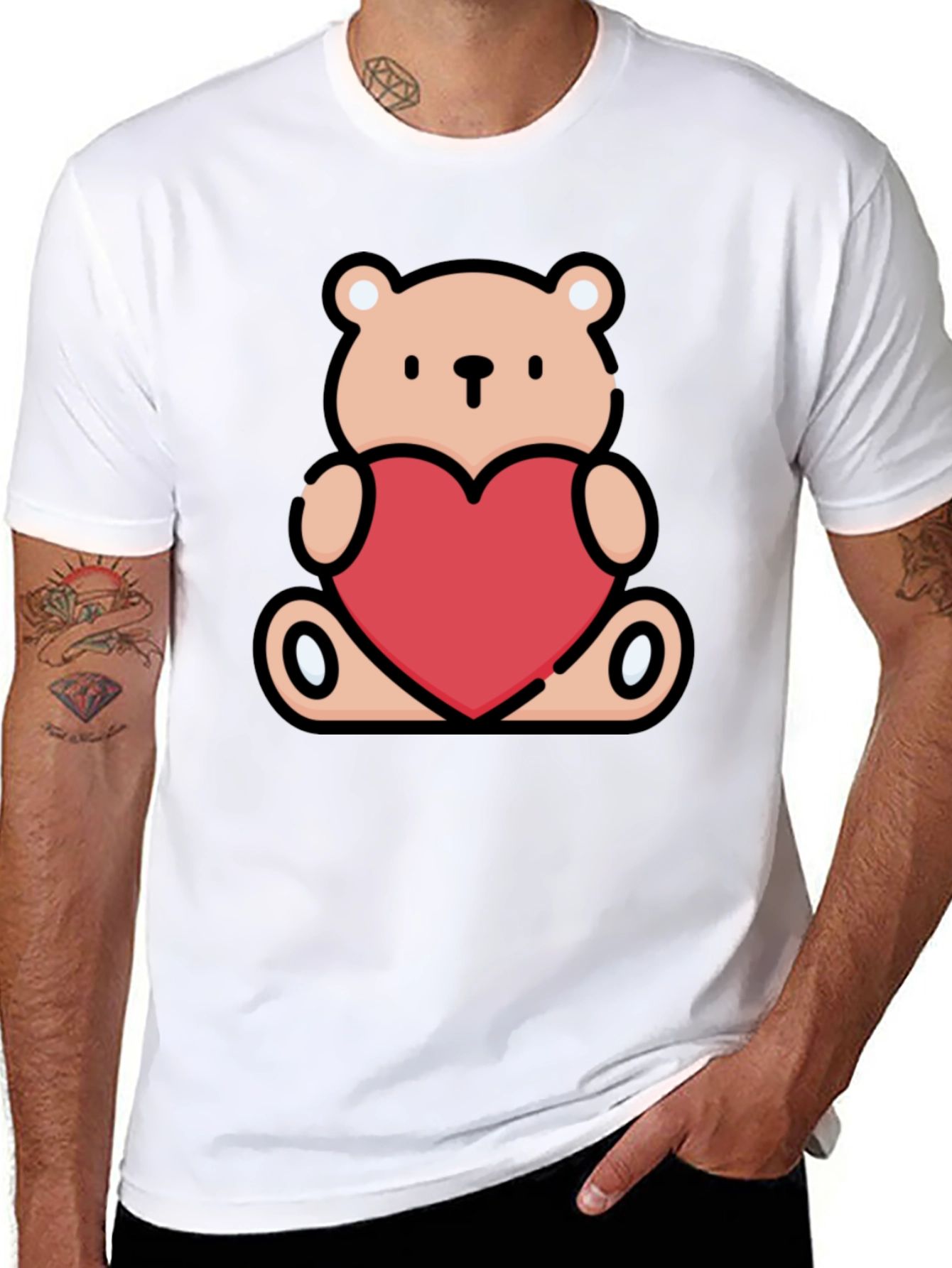 Cute Teddy Bear Heart Graphic Tee - Black