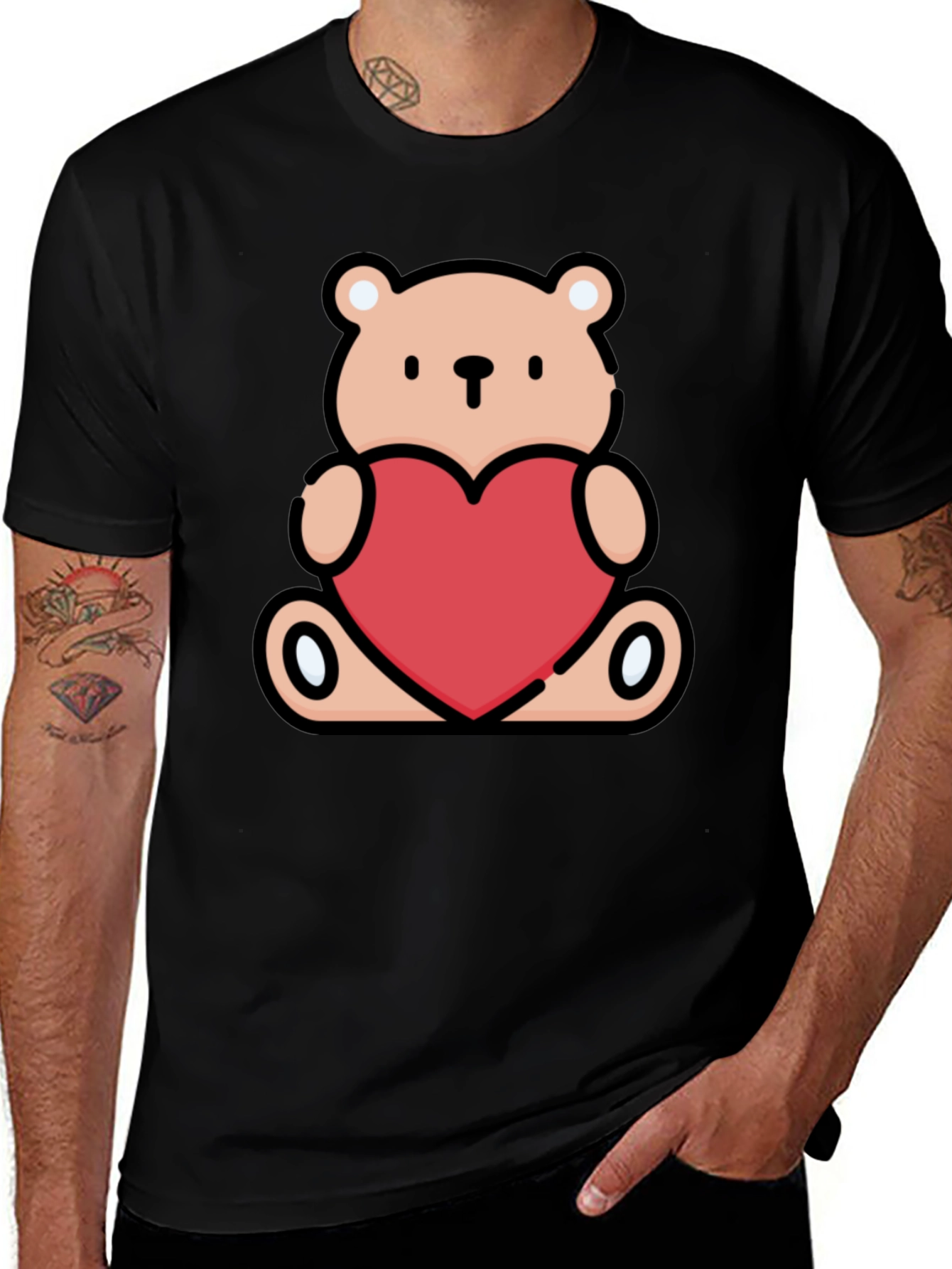Cute Teddy Bear Heart Graphic Tee - Black
