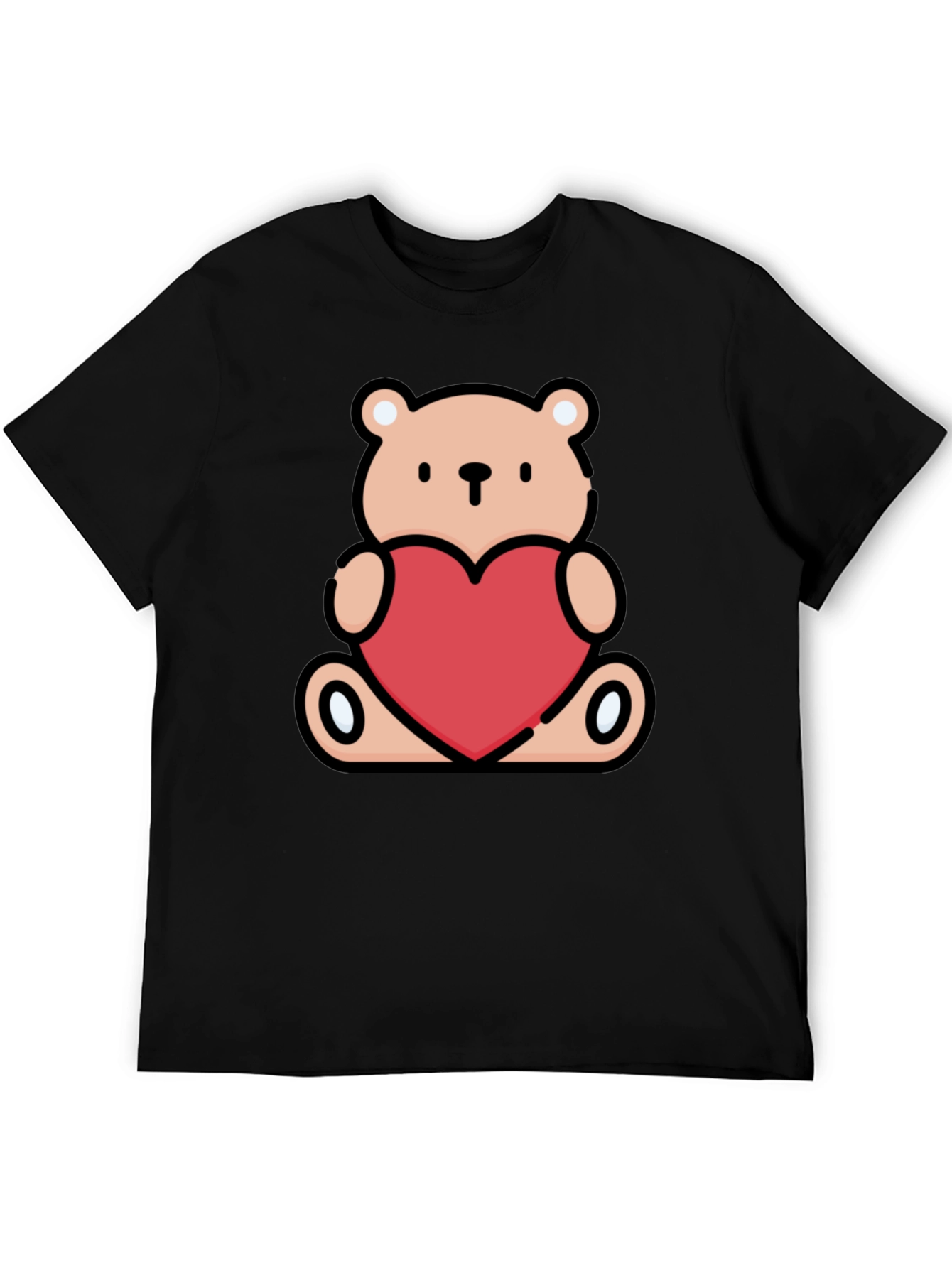 Cute Teddy Bear Heart Graphic Tee - Black