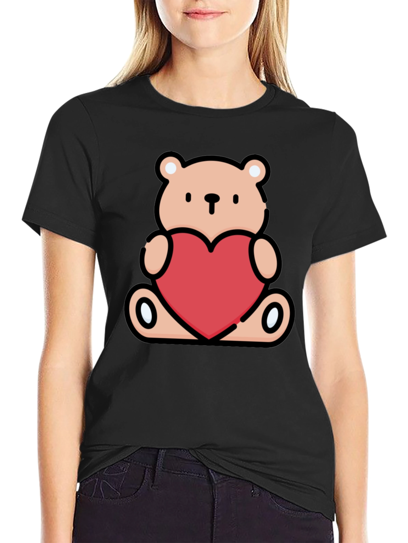 Cute Teddy Bear Heart Graphic Tee - Black