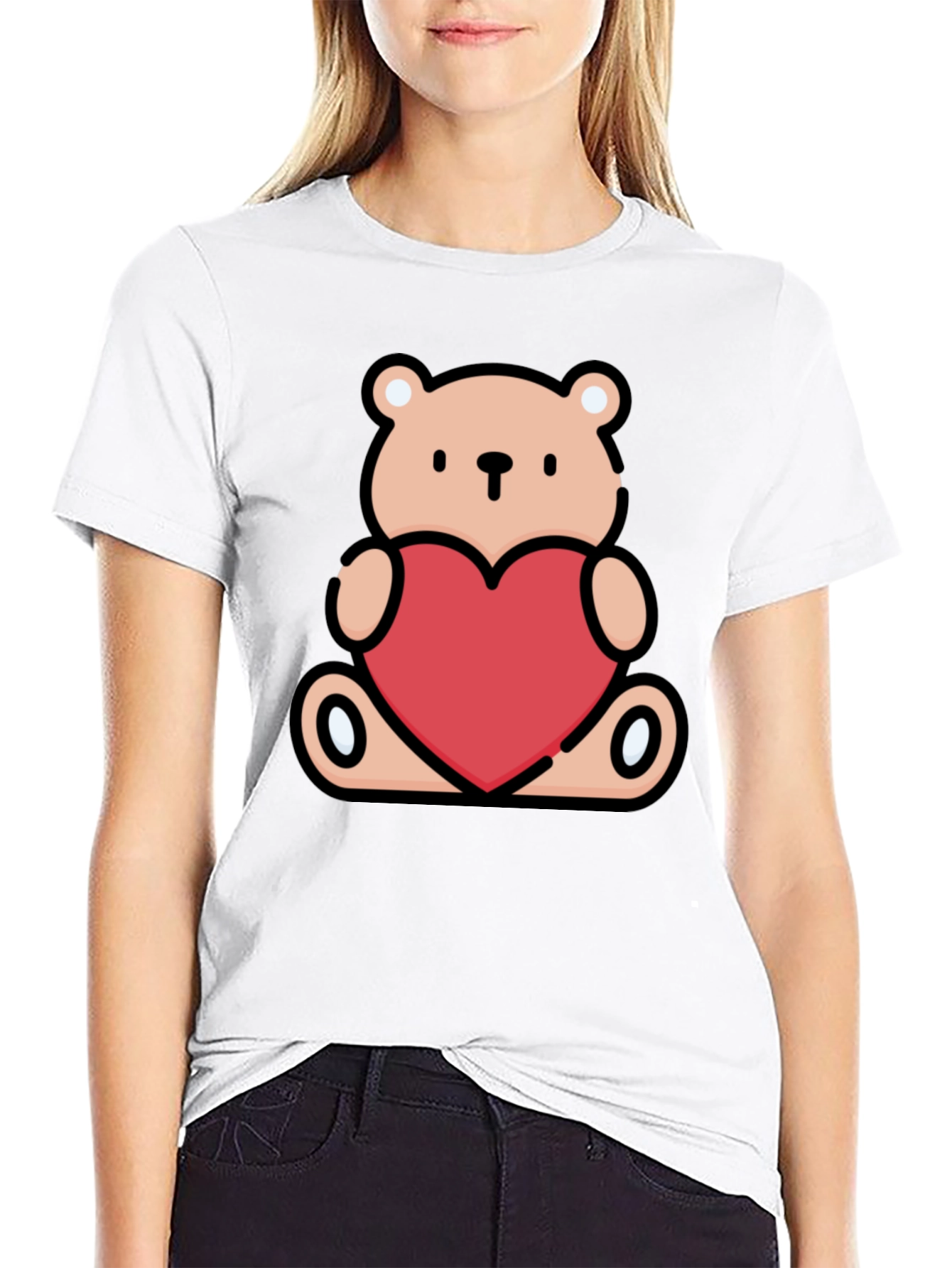 Cute Teddy Bear Heart Graphic Tee - Black