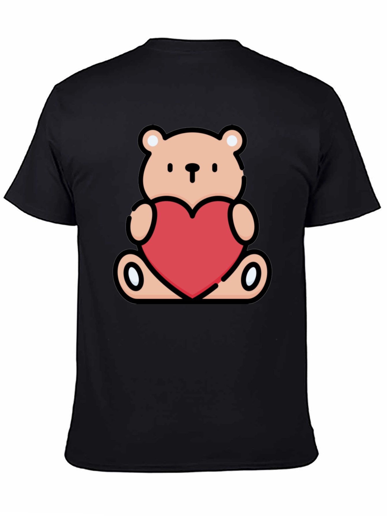 Cute Teddy Bear Heart Graphic Tee - Black