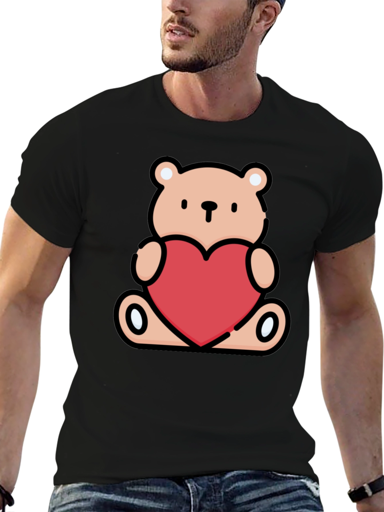 Cute Teddy Bear Heart Graphic Tee - Black