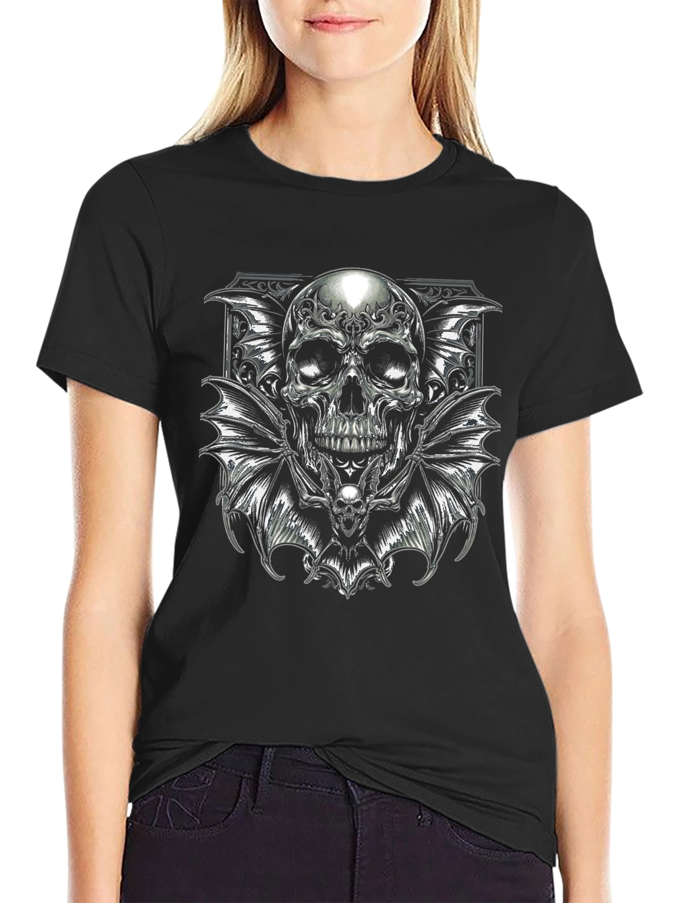 Skull Bat Wings Graphic Black T-Shirt
