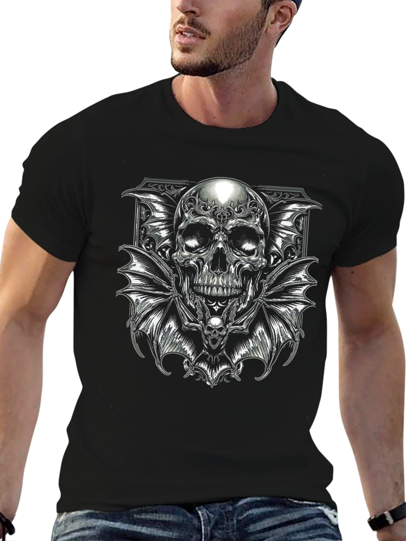 Skull Bat Wings Graphic Black T-Shirt